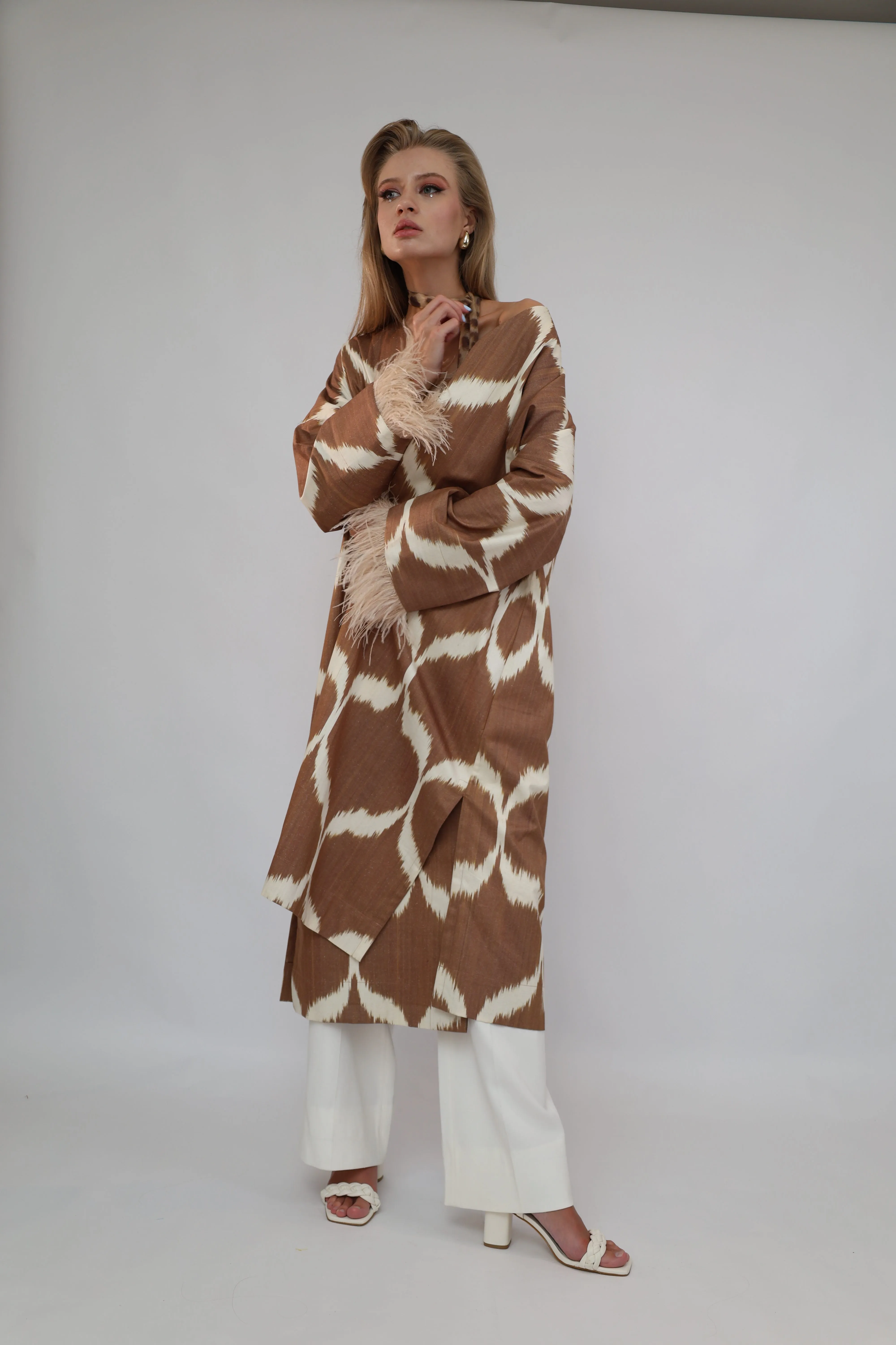 100% Cotton Brown Maxi Kimono With Feathers