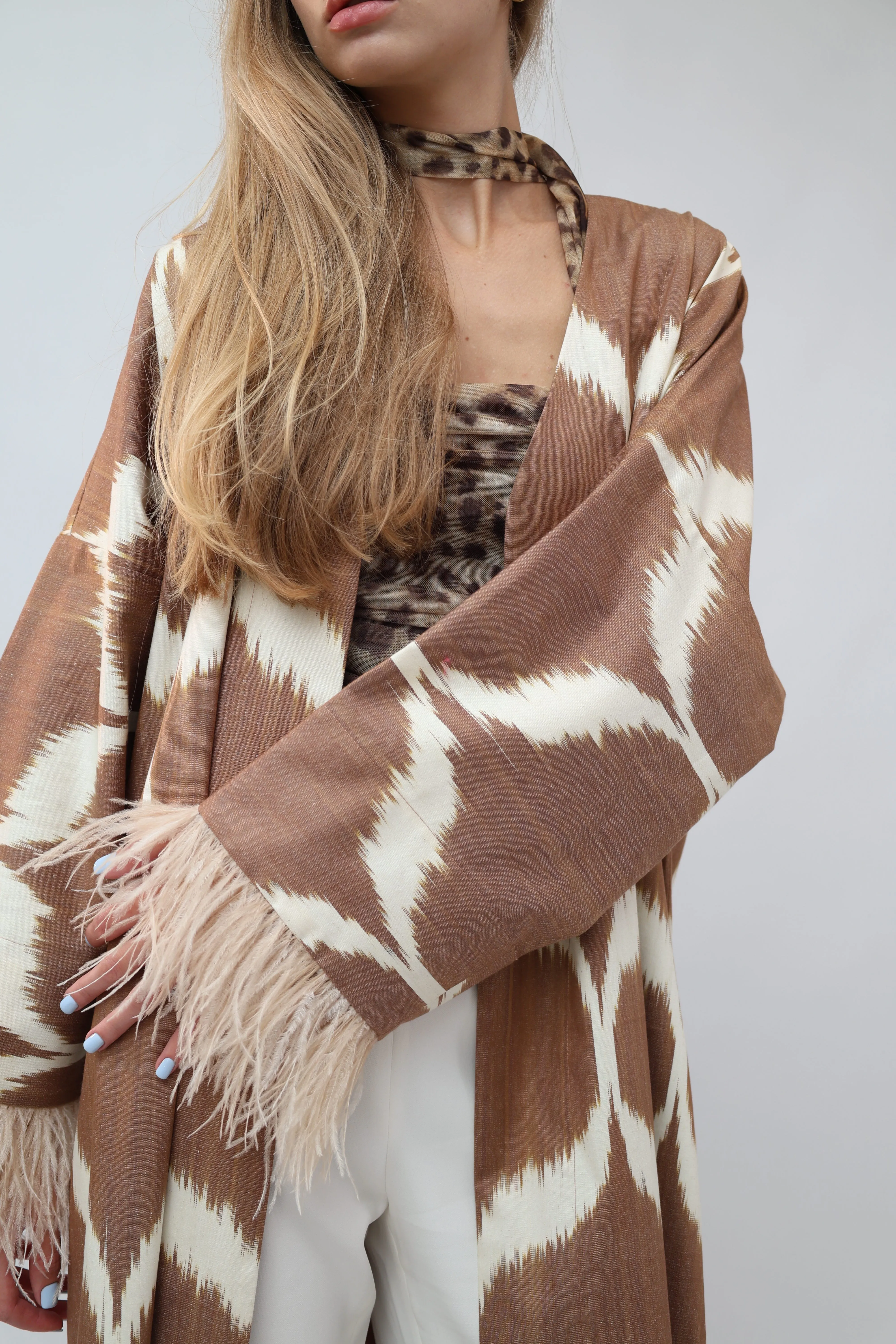 100% Cotton Brown Maxi Kimono With Feathers
