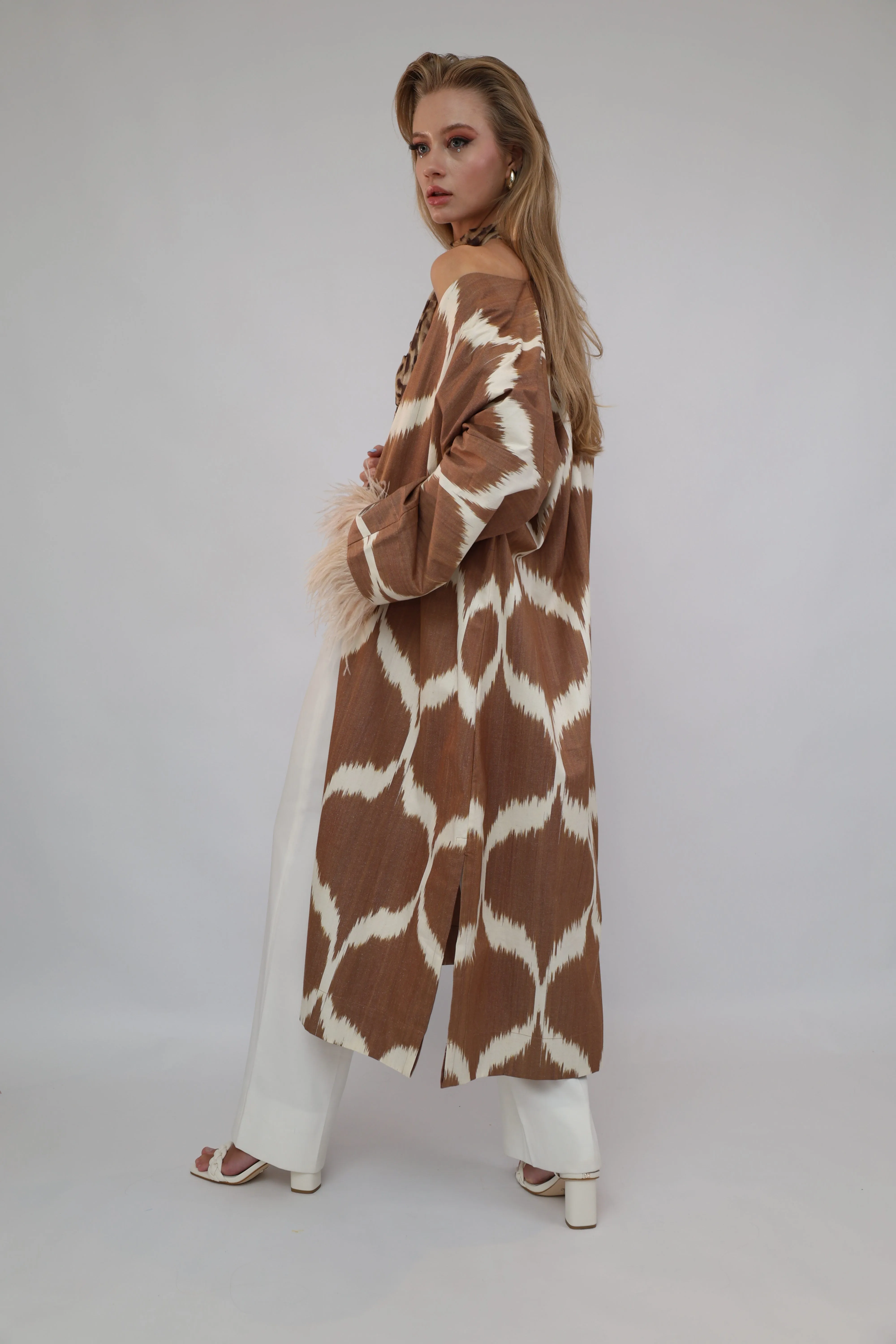 100% Cotton Brown Maxi Kimono With Feathers