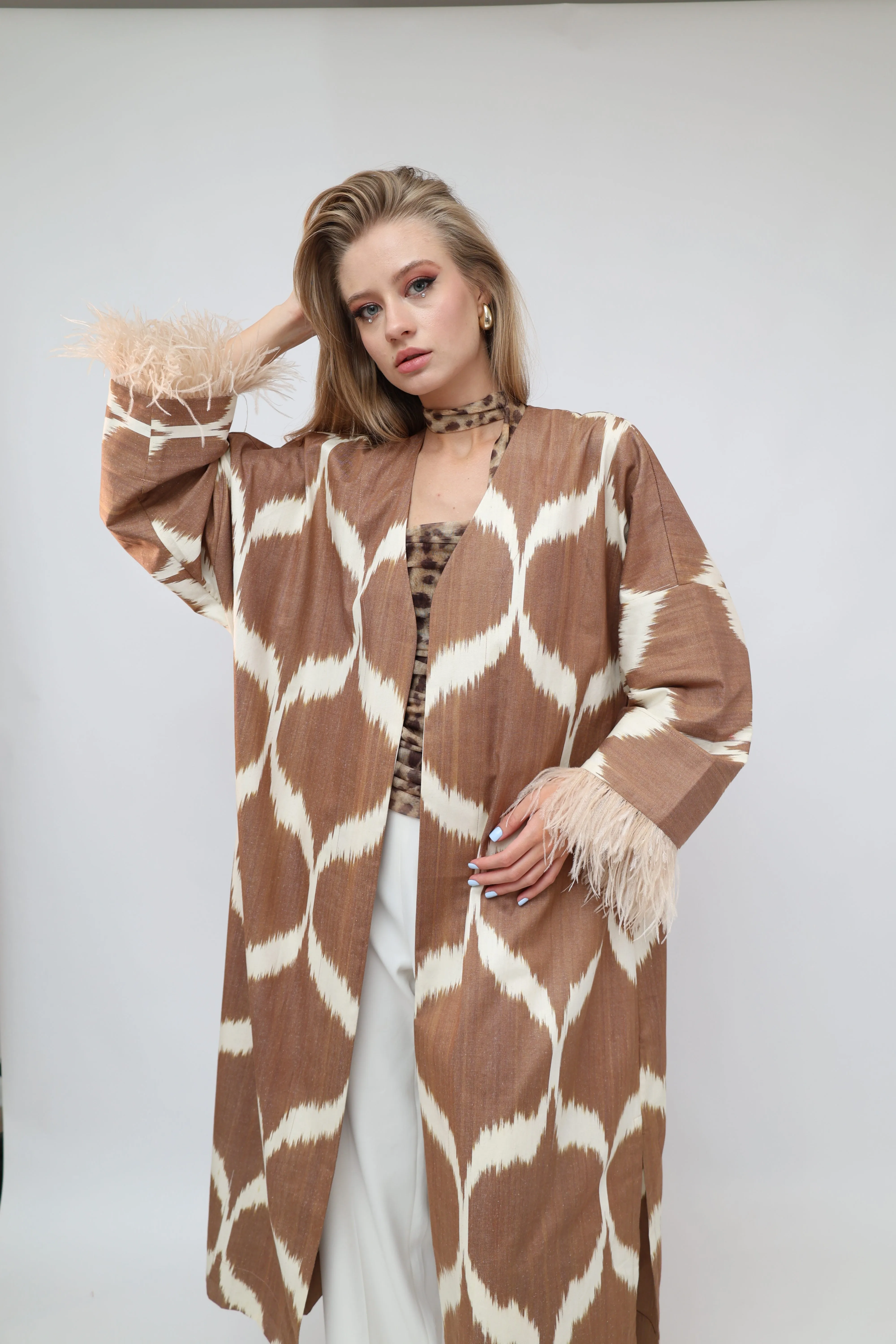 100% Cotton Brown Maxi Kimono With Feathers