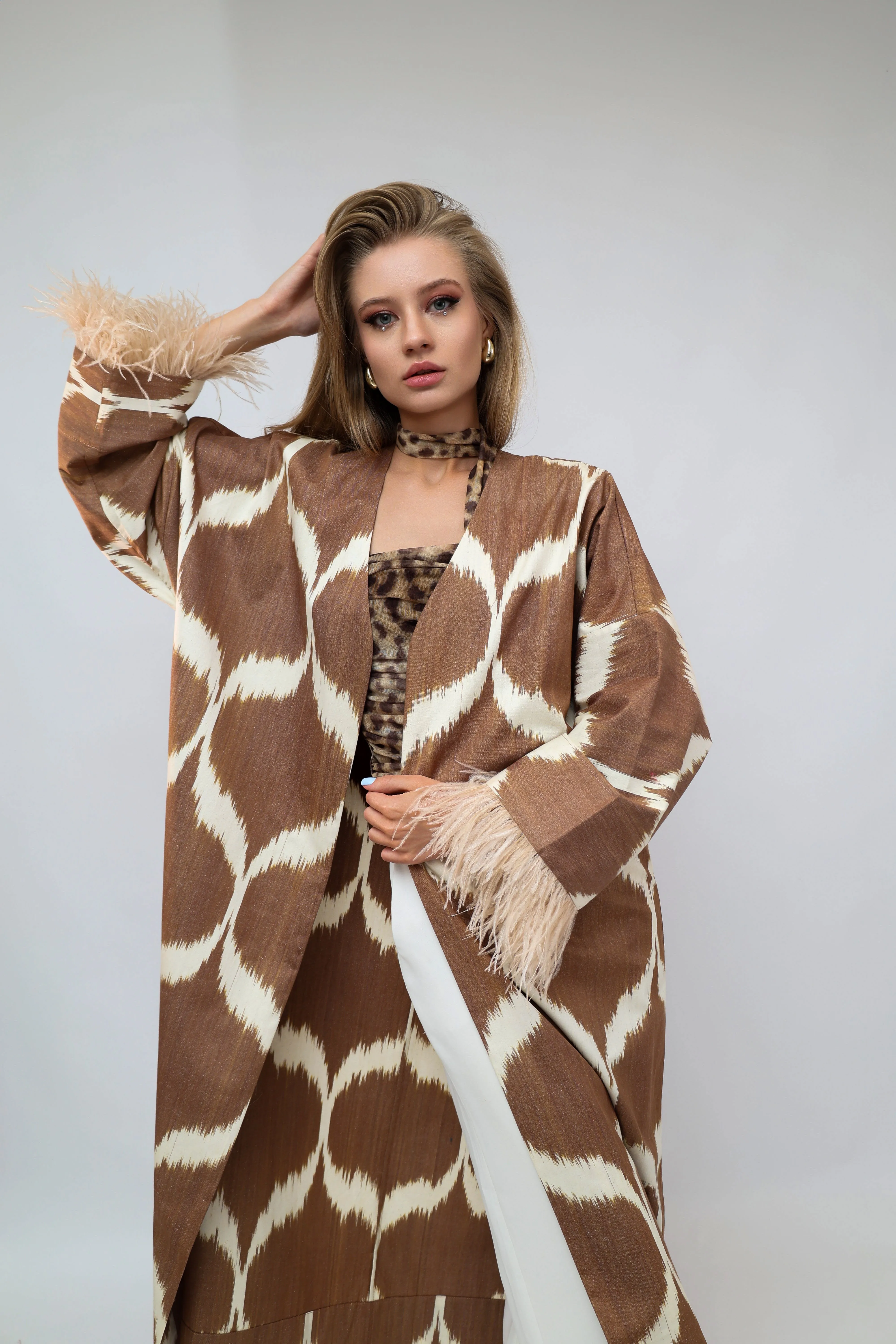 100% Cotton Brown Maxi Kimono With Feathers