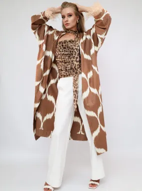100% Cotton Brown Maxi Kimono With Feathers