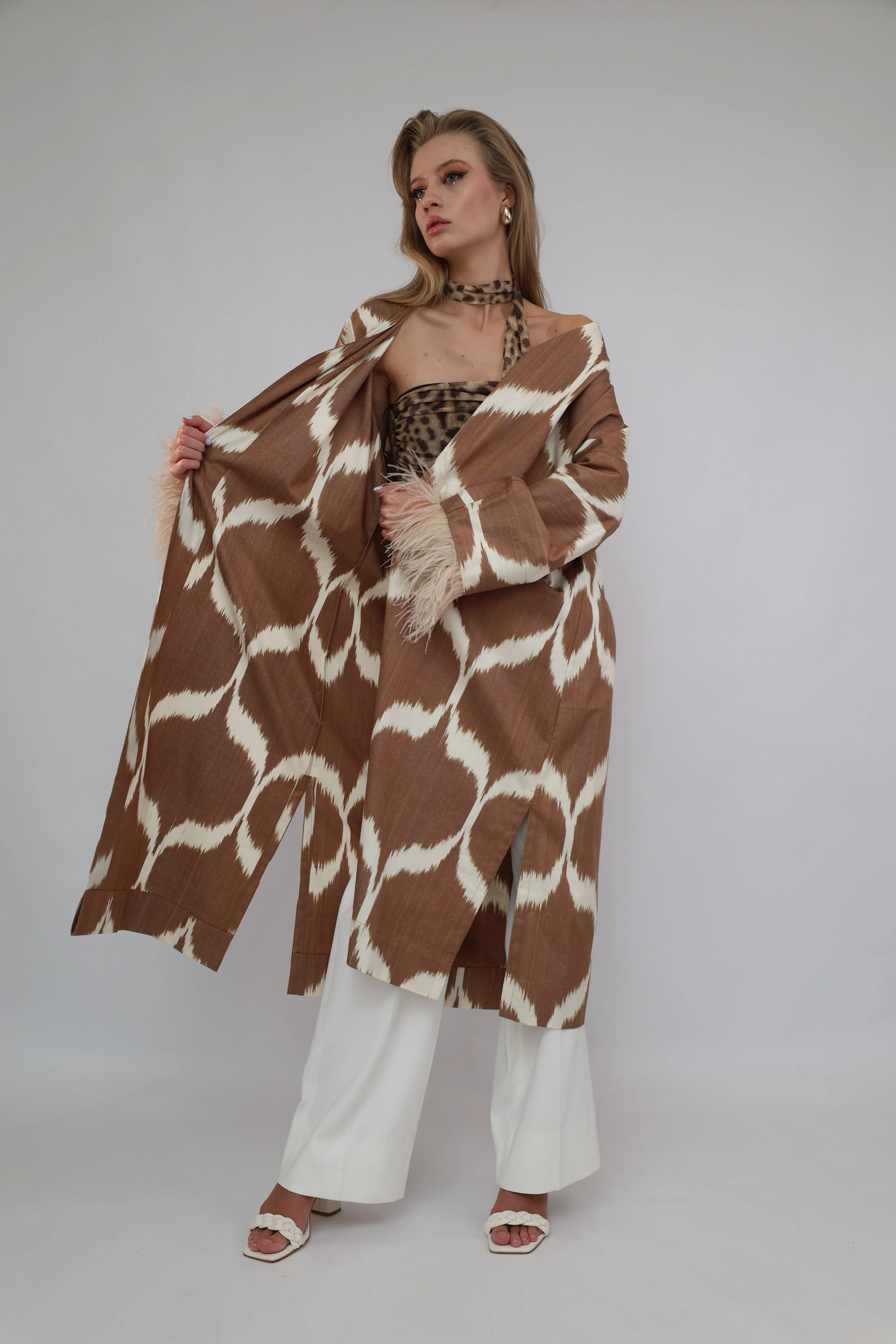 100% Cotton Brown Maxi Kimono With Feathers