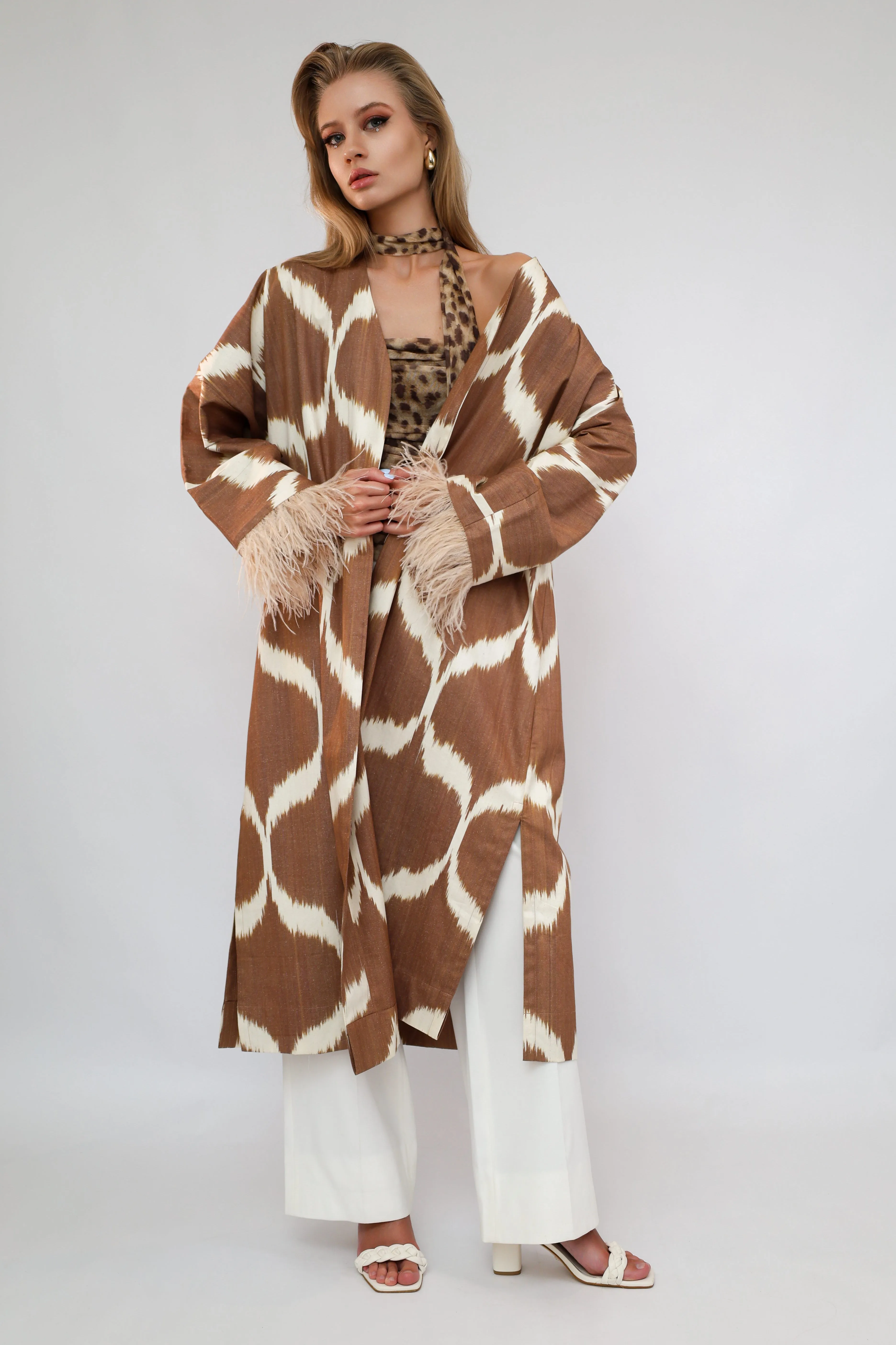 100% Cotton Brown Maxi Kimono With Feathers