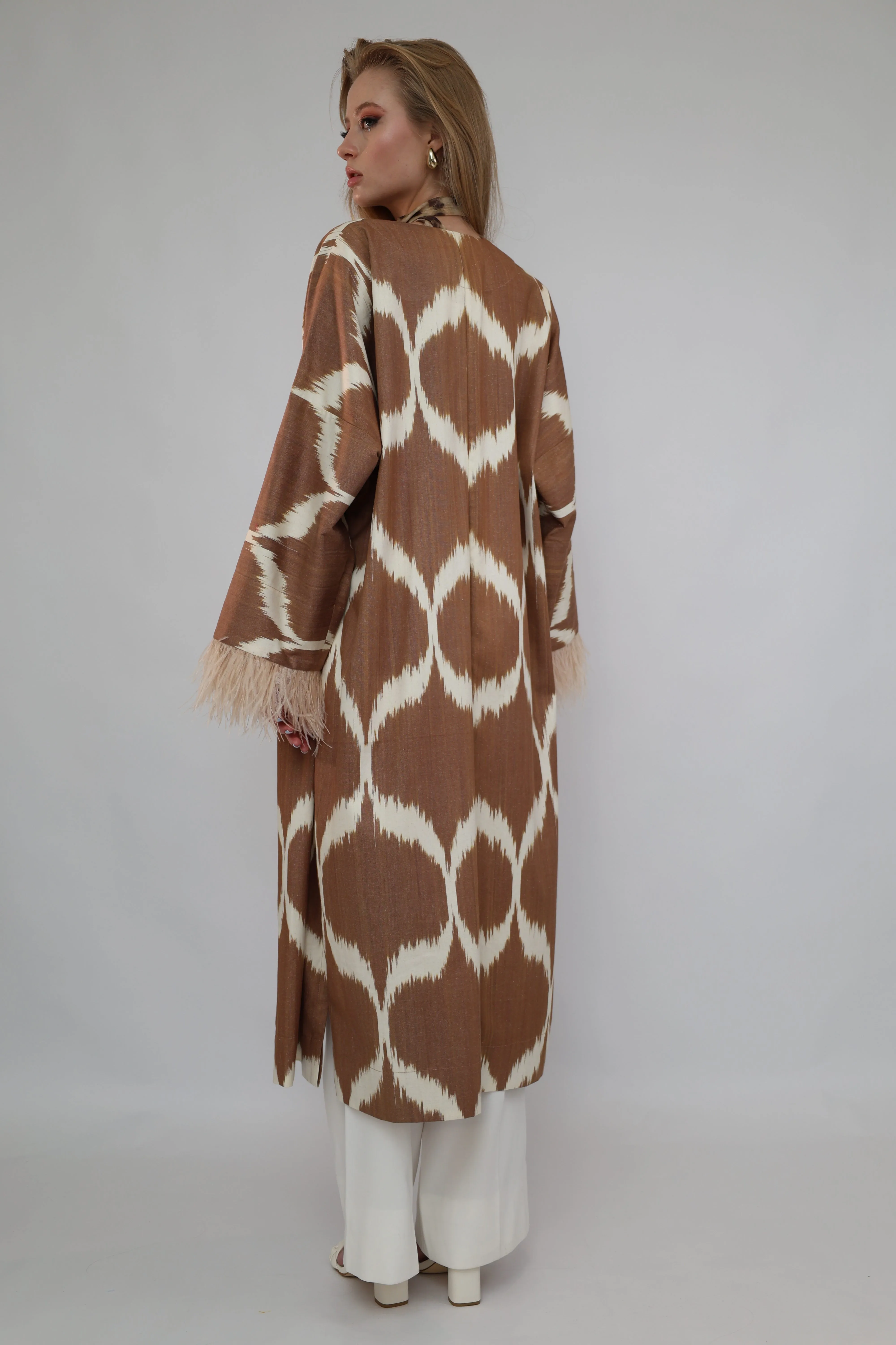 100% Cotton Brown Maxi Kimono With Feathers