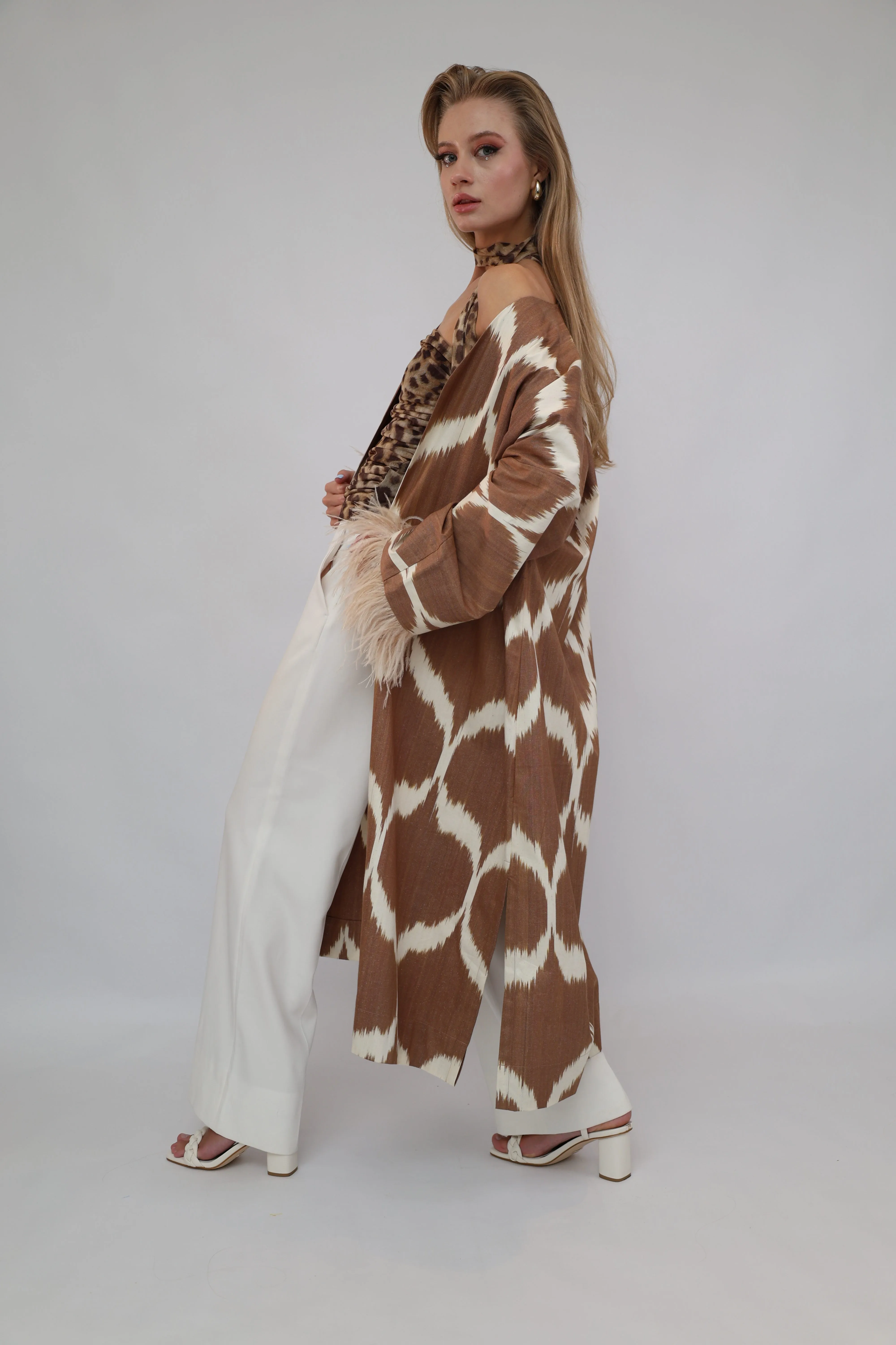 100% Cotton Brown Maxi Kimono With Feathers