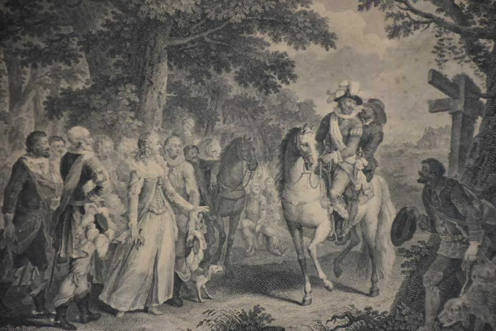 17th Century French engraving - Rendez-vous de chasse d'Henri IV 16¼" x 18½"