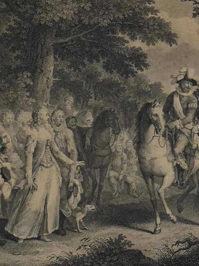 17th Century French engraving - Rendez-vous de chasse d'Henri IV 16¼" x 18½"