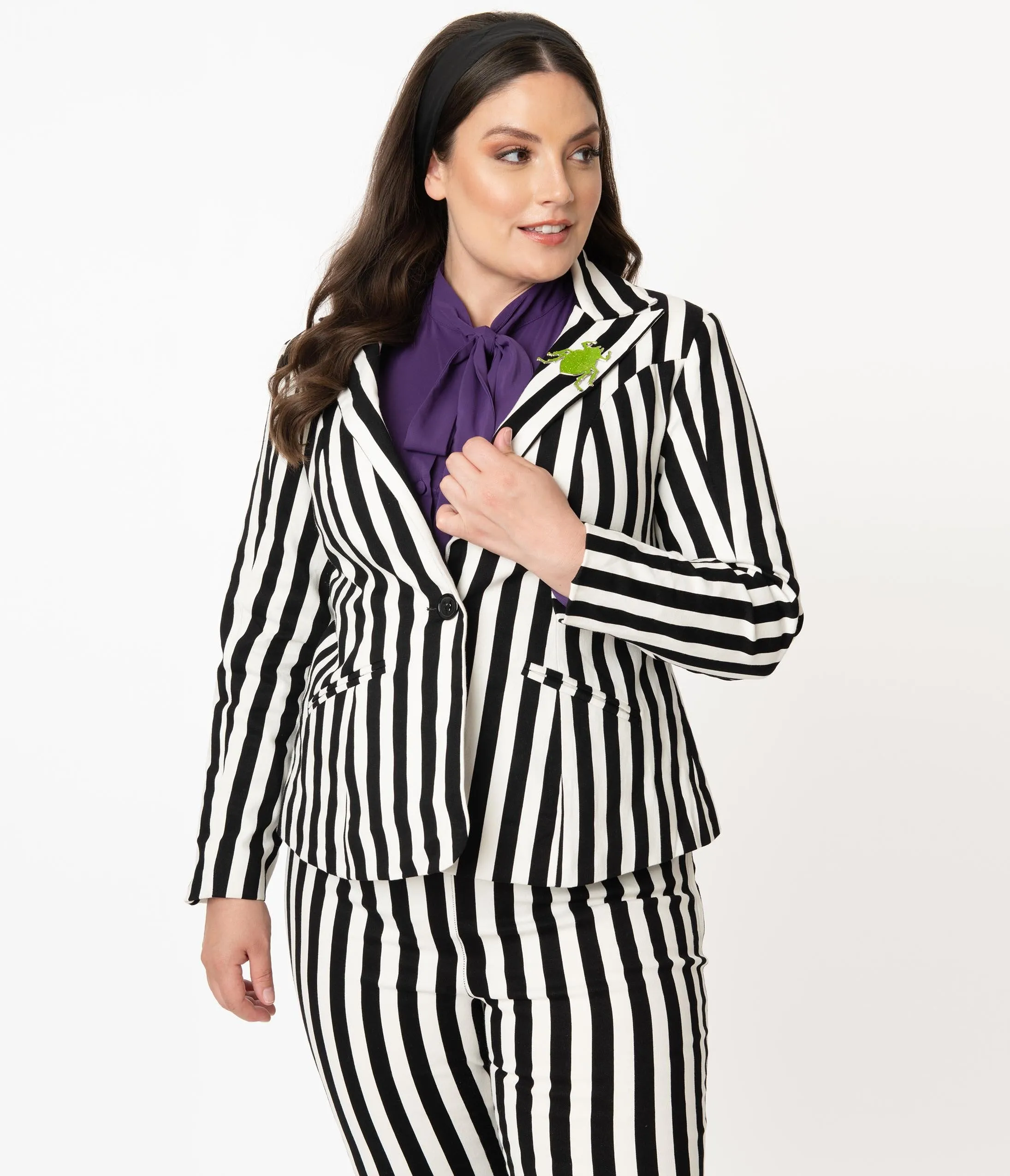 Beetlejuice x Unique Vintage Plus Size Black & White Stripe Jagger Suit Jacket