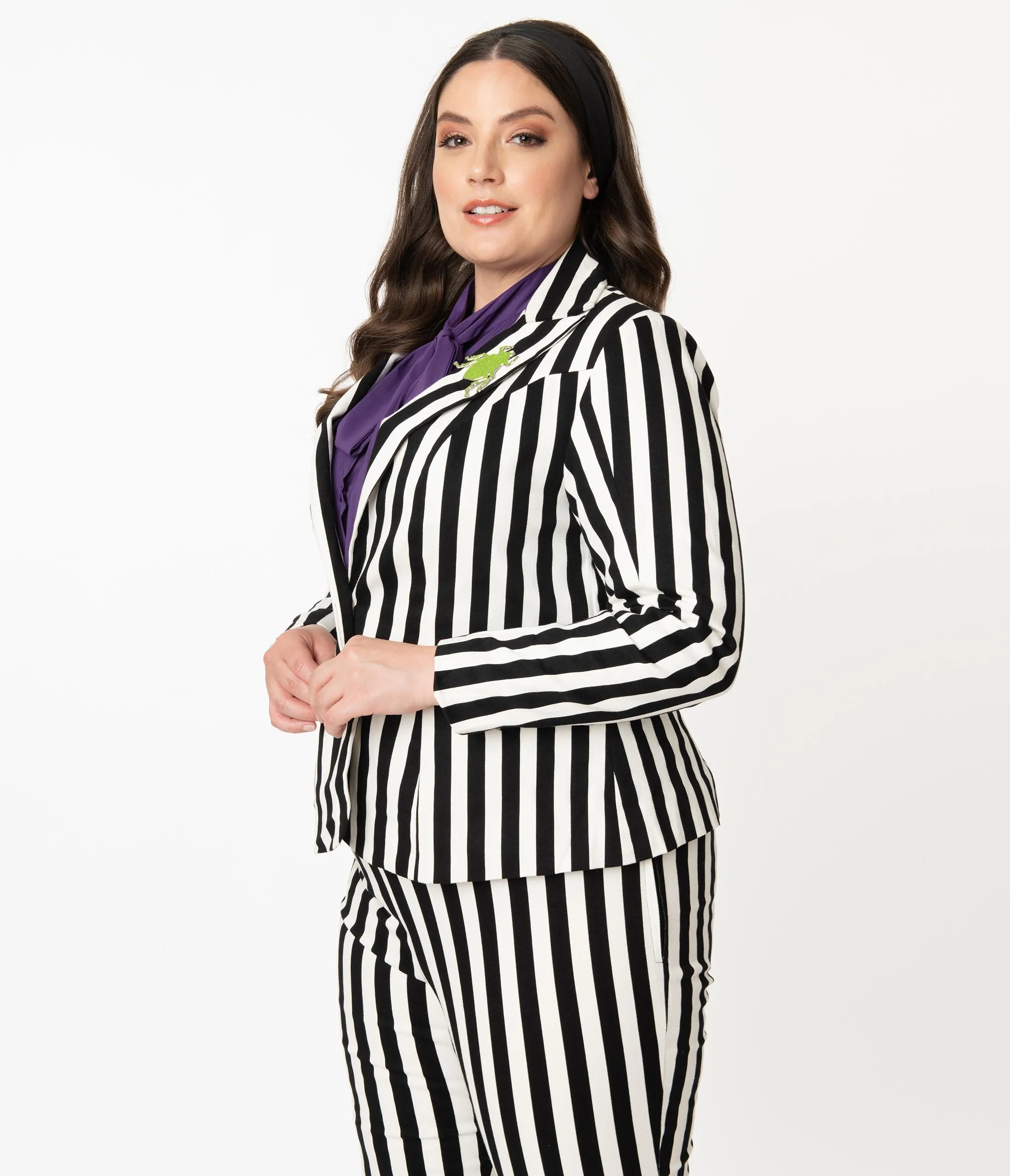 Beetlejuice x Unique Vintage Plus Size Black & White Stripe Jagger Suit Jacket