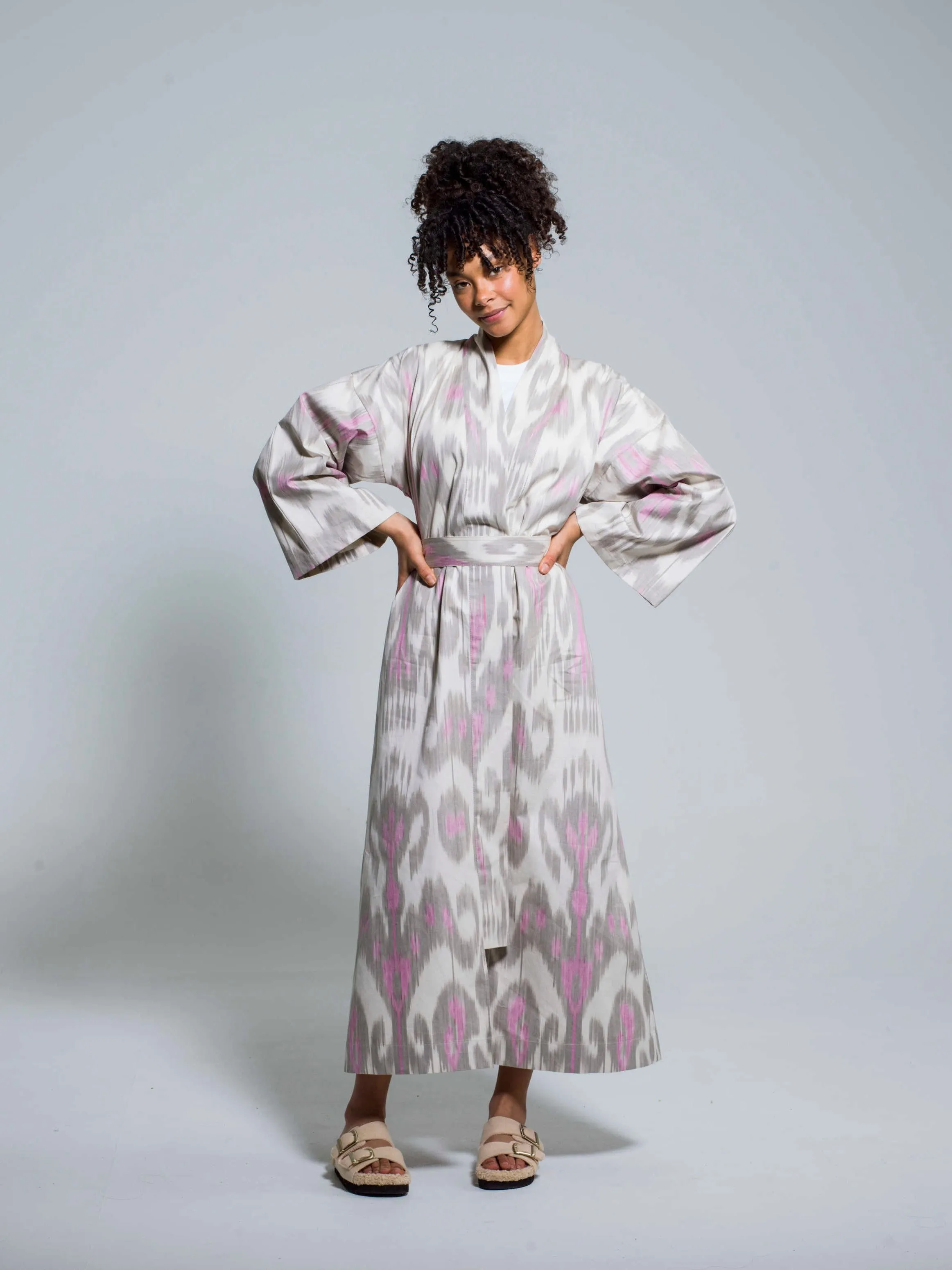 Belted 100% Cotton Maxi Kimono "Pink Orchid"