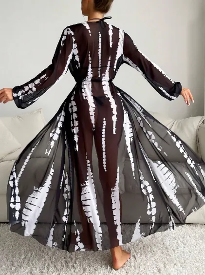 Black & White Mesh Beach Cover Up Kimono