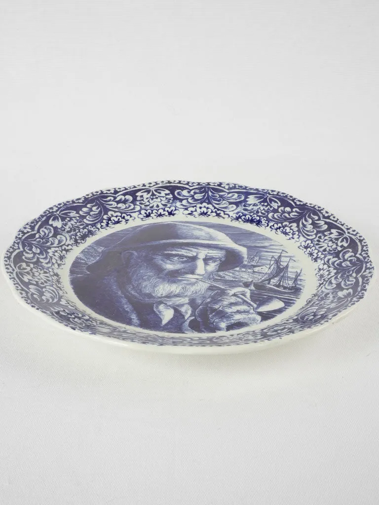 Blue & white Delft plate w/ bearded man smoking 13¾"