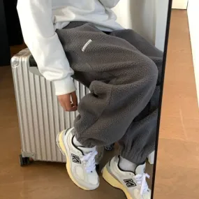 Bonnyshow Winter Women Casual Sports Pant High Waist Jogger Fashion Sherpa Thick Beam Feet Pants Gray Loose Elastic Waist Trousers