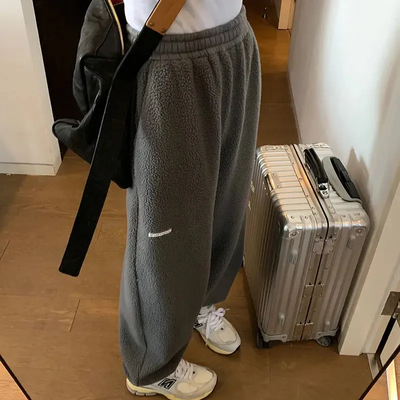 Bonnyshow Winter Women Casual Sports Pant High Waist Jogger Fashion Sherpa Thick Beam Feet Pants Gray Loose Elastic Waist Trousers
