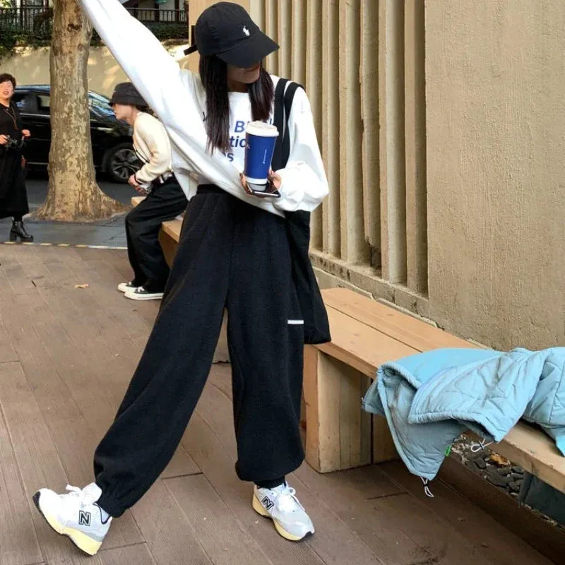 Bonnyshow Winter Women Casual Sports Pant High Waist Jogger Fashion Sherpa Thick Beam Feet Pants Gray Loose Elastic Waist Trousers