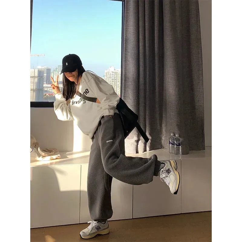 Bonnyshow Winter Women Casual Sports Pant High Waist Jogger Fashion Sherpa Thick Beam Feet Pants Gray Loose Elastic Waist Trousers