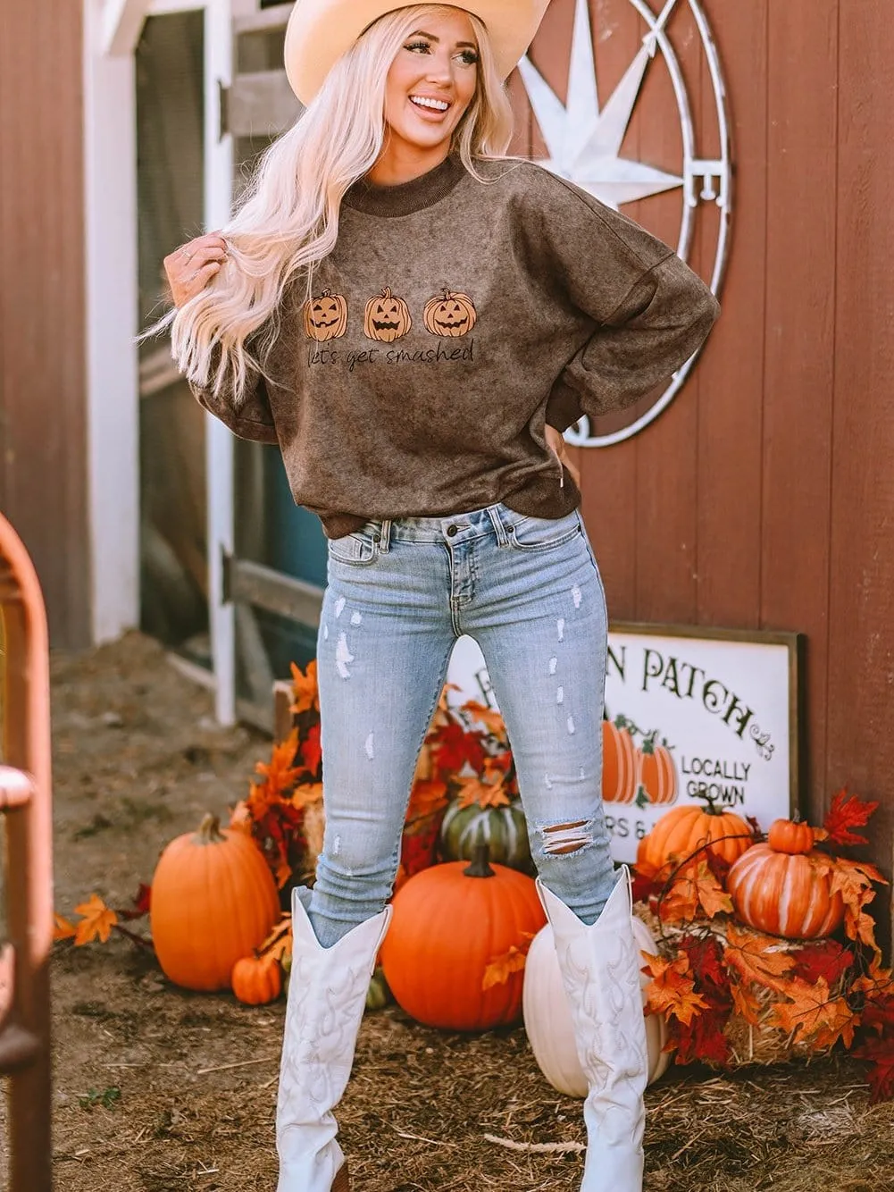 Brown Spooky Pumpkin Halloween Graphic Sweatshirt for Festive Fun