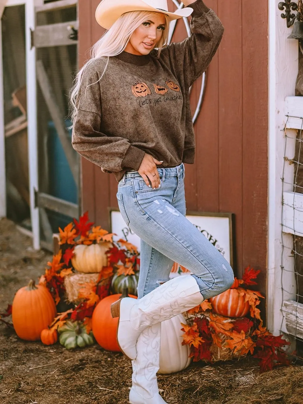 Brown Spooky Pumpkin Halloween Graphic Sweatshirt for Festive Fun