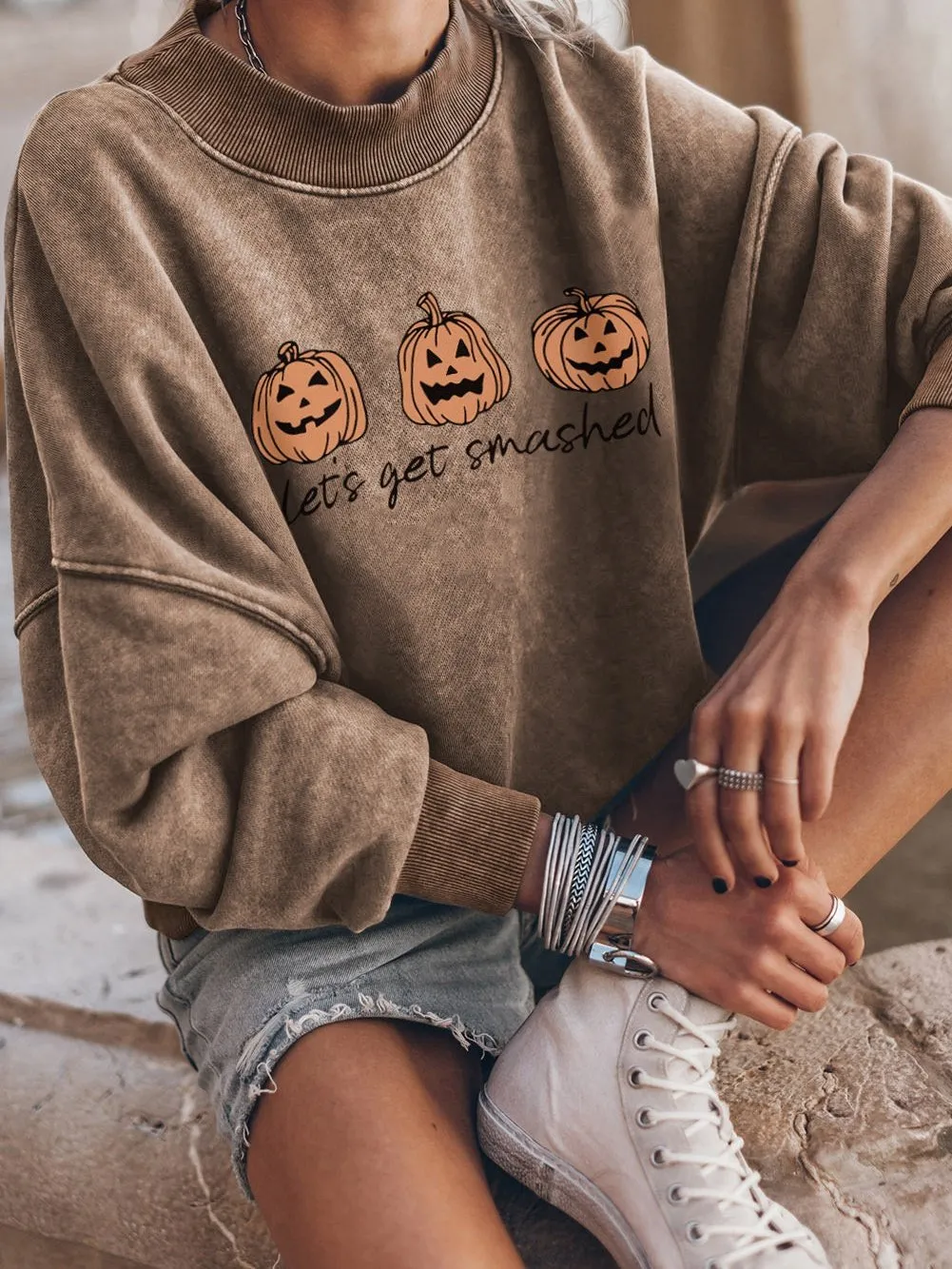 Brown Spooky Pumpkin Halloween Graphic Sweatshirt for Festive Fun