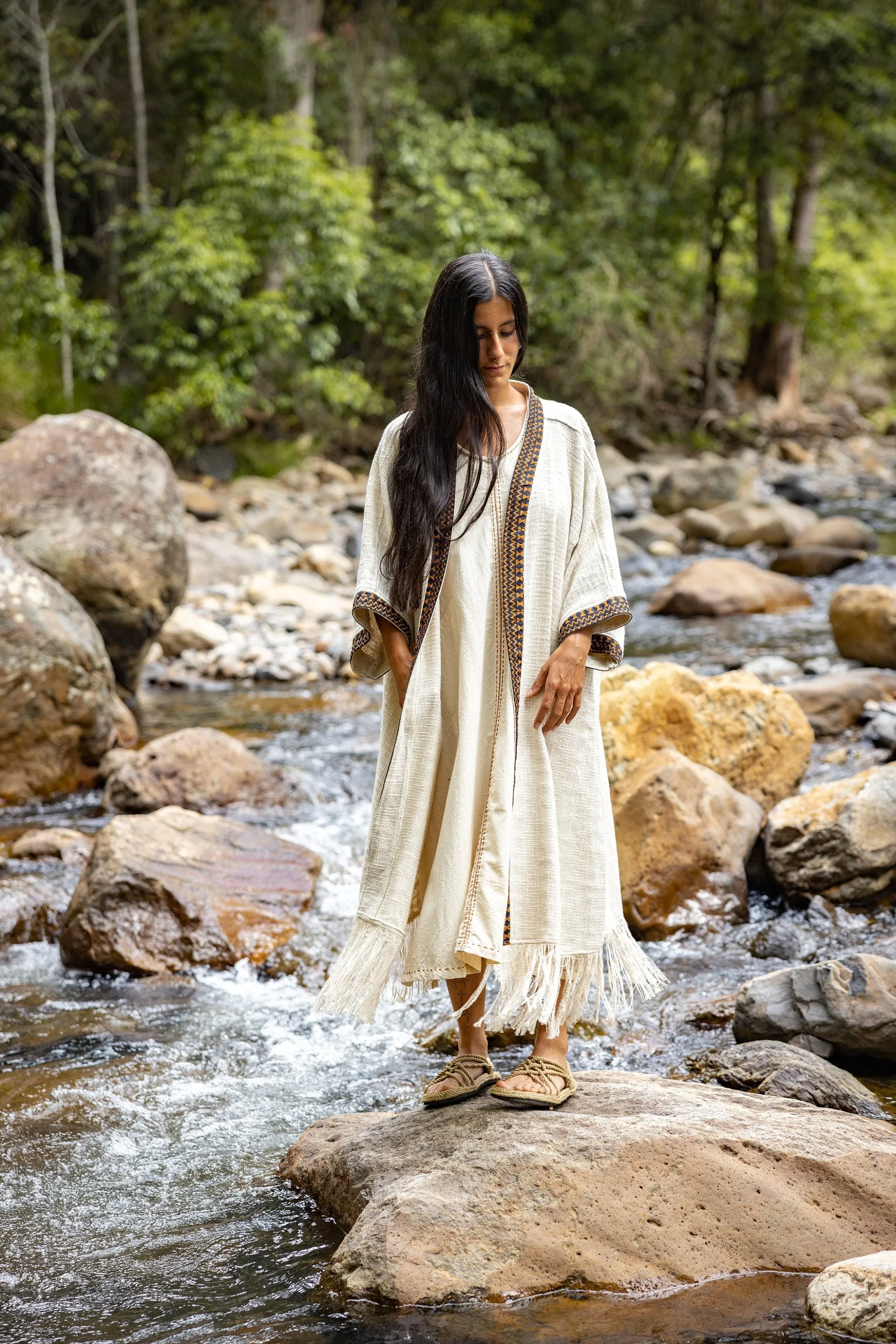 BUNTU Beige Womens Kimono Robe Handmade Tribal African Patterns Natural Textured Cotton Shamanic Ceremony Ritual Festival Boho Gypsy AJJAYA