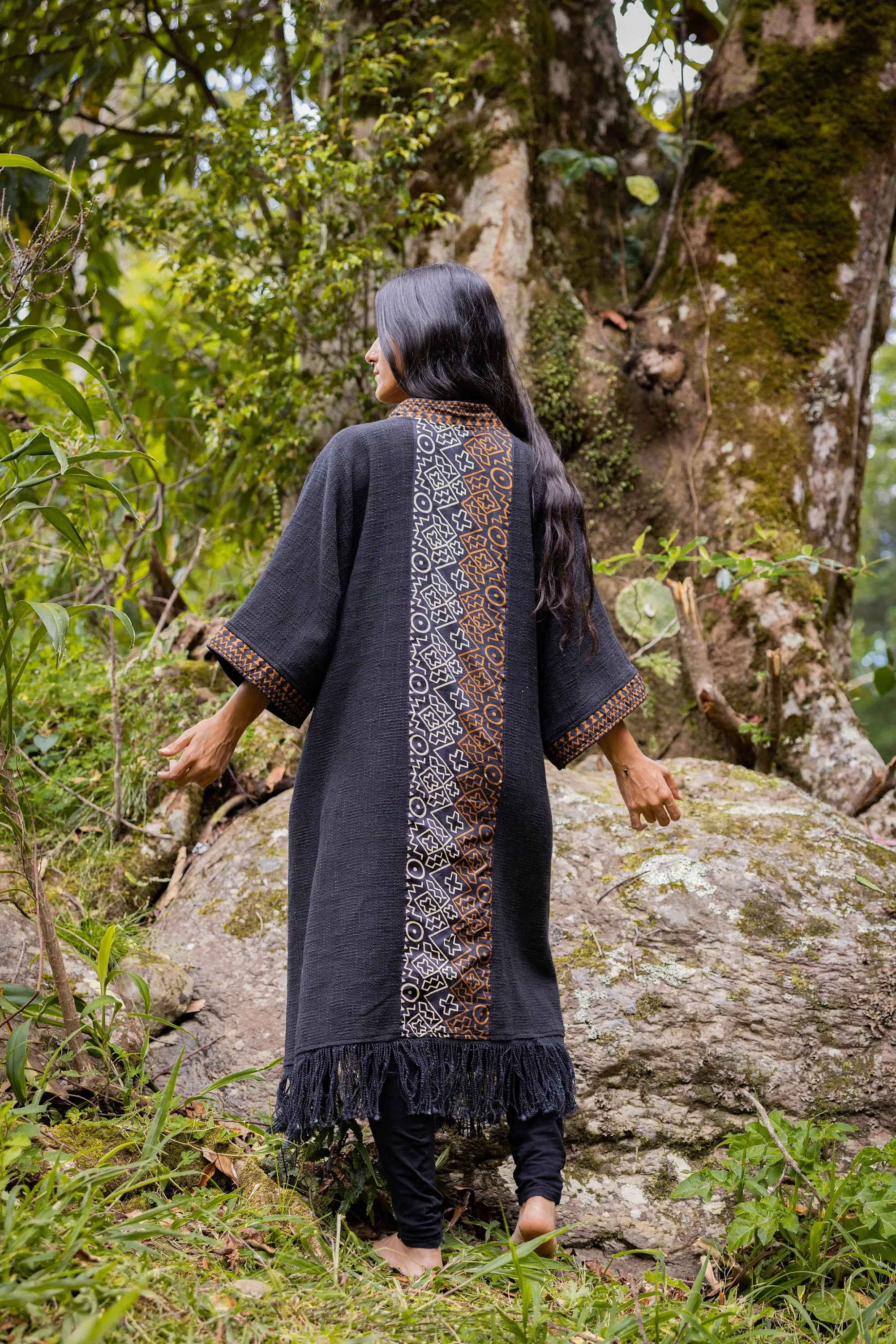 BUNTU Beige Womens Kimono Robe Handmade Tribal African Patterns Natural Textured Cotton Shamanic Ceremony Ritual Festival Boho Gypsy AJJAYA