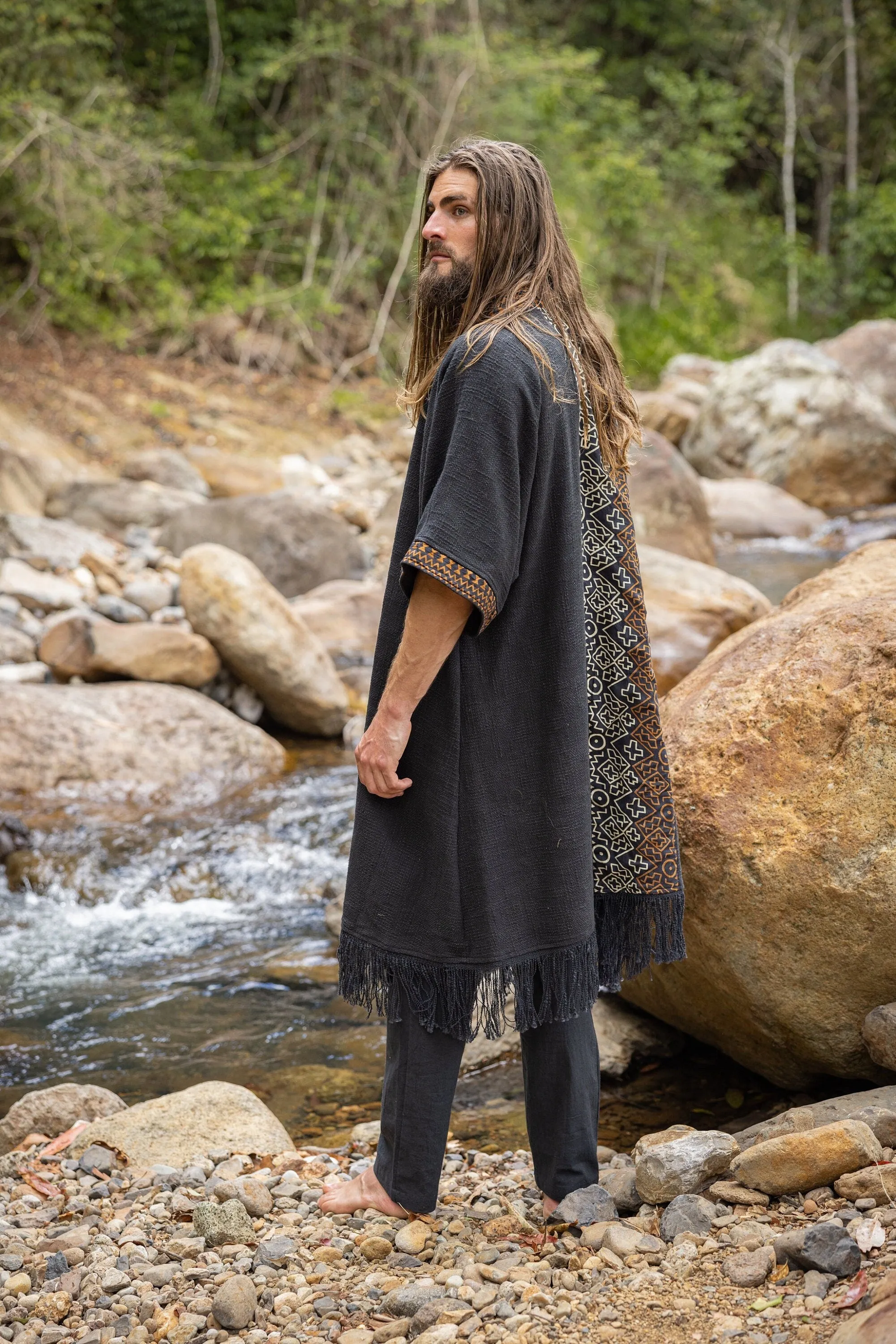 BUNTU Black Kimono Robe Handmade Tribal African Patterns Natural  Textured Cotton Shamanic Ceremony Ritual Festival Boho Gypsy AJJAYA