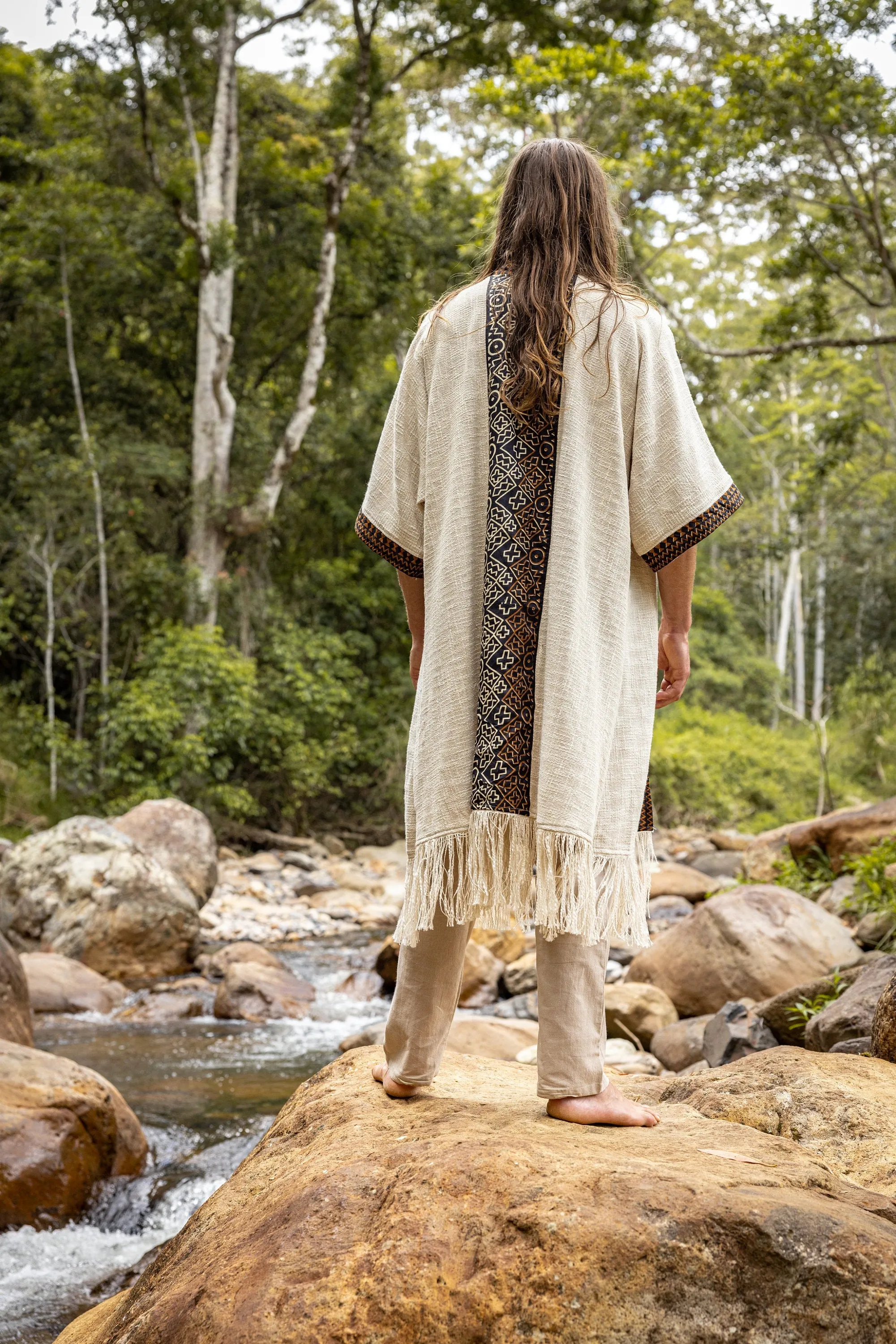 BUNTU Black Kimono Robe Handmade Tribal African Patterns Natural  Textured Cotton Shamanic Ceremony Ritual Festival Boho Gypsy AJJAYA