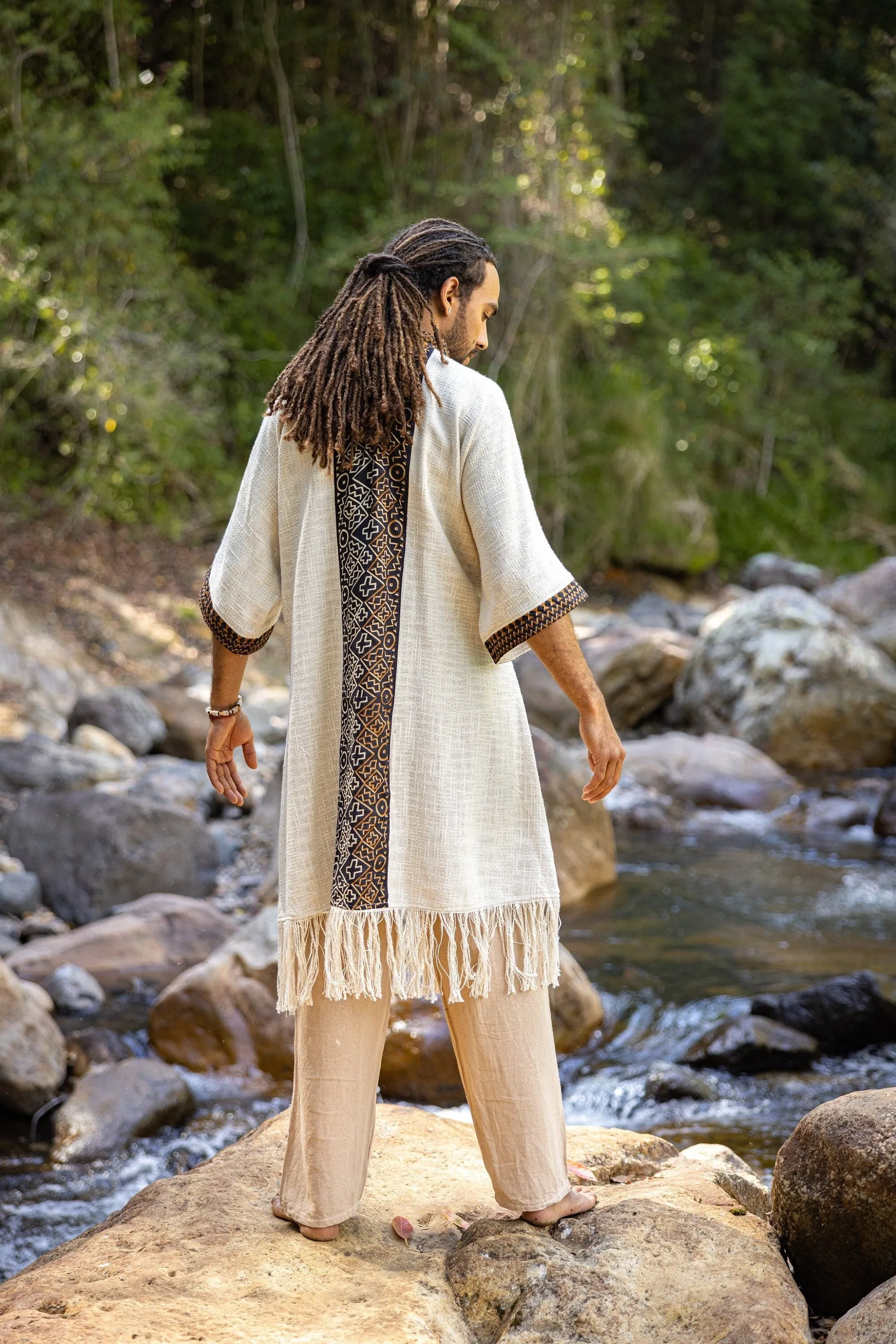 BUNTU Black Kimono Robe Handmade Tribal African Patterns Natural  Textured Cotton Shamanic Ceremony Ritual Festival Boho Gypsy AJJAYA