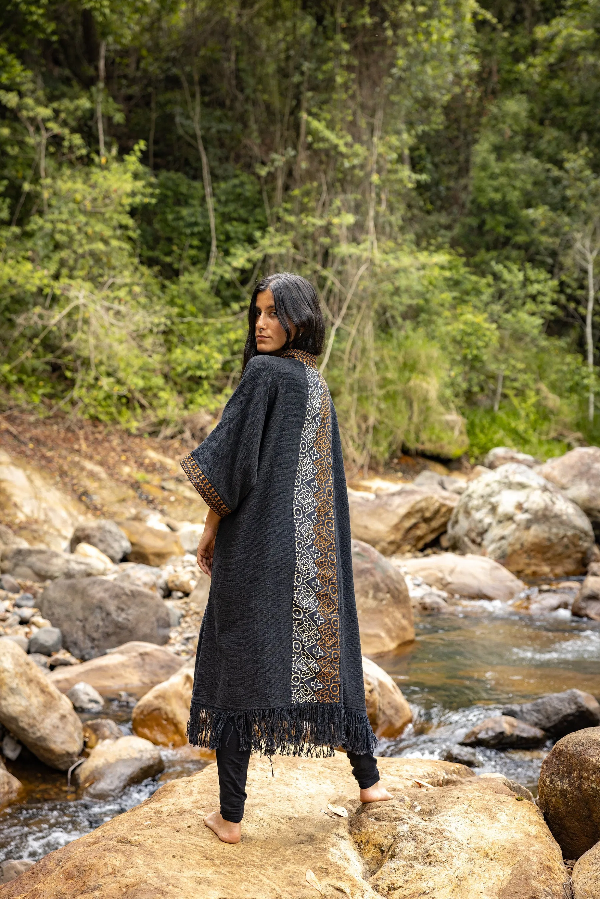BUNTU Black Womens Kimono Robe Handmade Tribal African Patterns Natural Textured Cotton Shamanic Ceremony Ritual Festival Boho Gypsy AJJAYA