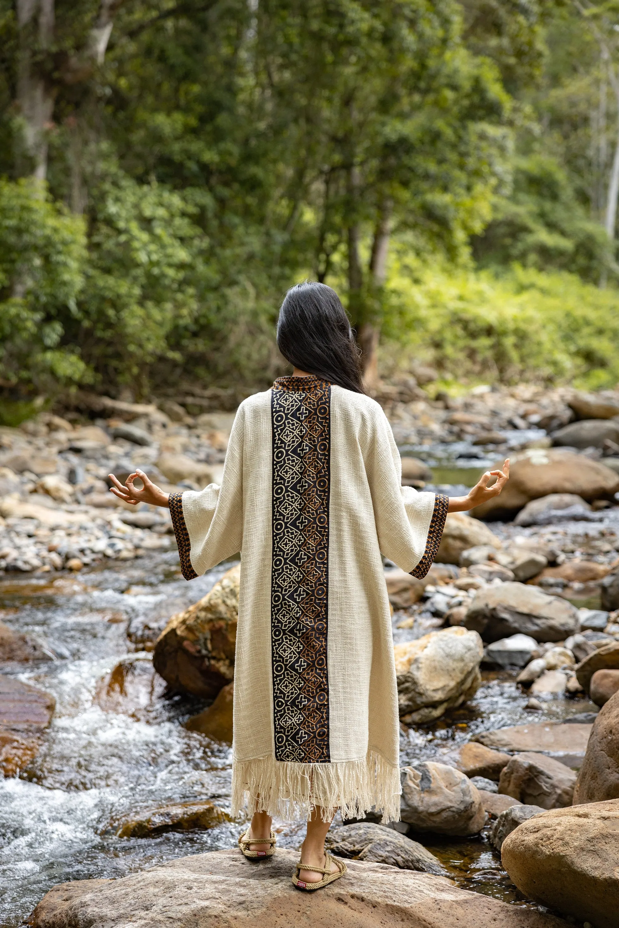 BUNTU Black Womens Kimono Robe Handmade Tribal African Patterns Natural Textured Cotton Shamanic Ceremony Ritual Festival Boho Gypsy AJJAYA