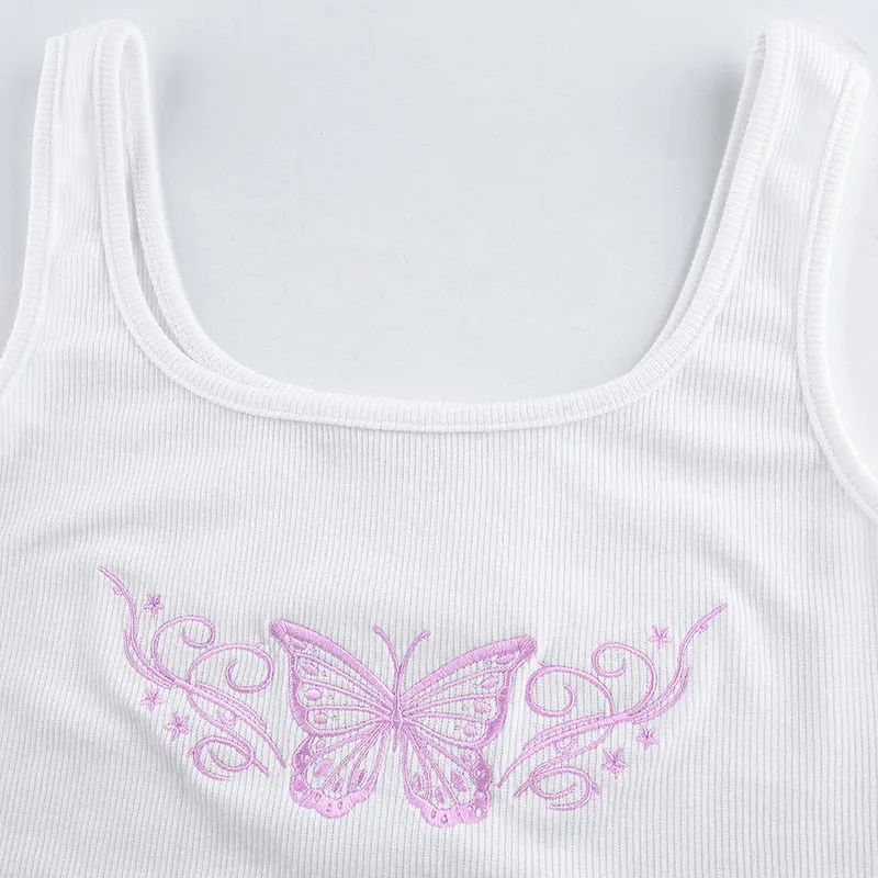 Butterfly Print Crop Top | Butterfly Print Vest | Sleeveless Top | Women Streetwear Tops | Summer Casual Vest | White Mini Vest Crop Tops