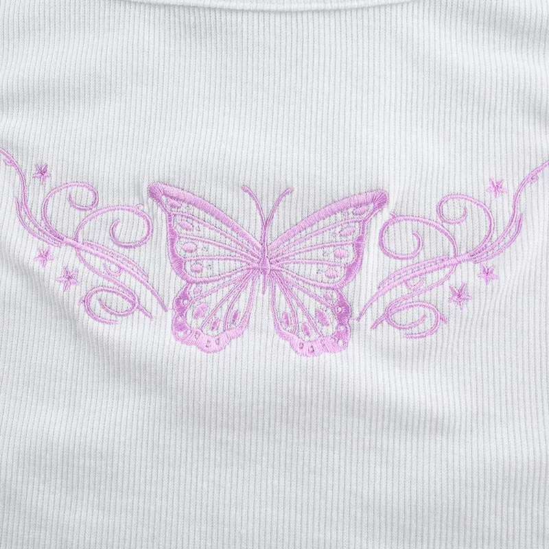 Butterfly Print Crop Top | Butterfly Print Vest | Sleeveless Top | Women Streetwear Tops | Summer Casual Vest | White Mini Vest Crop Tops