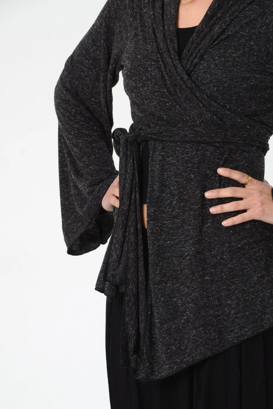 Dark Grey Bell Sleeve Wrap Kimono Cardigan