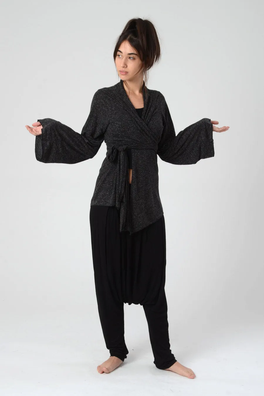 Dark Grey Bell Sleeve Wrap Kimono Cardigan