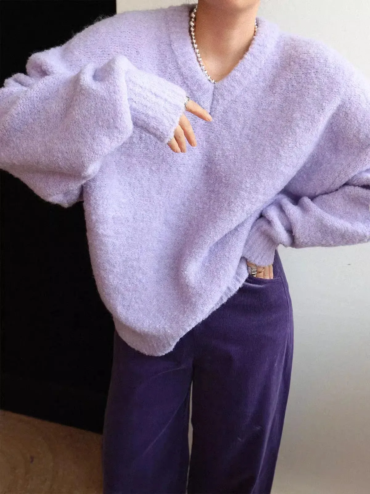 European Goods High-end Wool Blend Sweater Women Fall Winter Loose Soft  V-neck Bottom Sweater High-grade Knit Sweater C-310