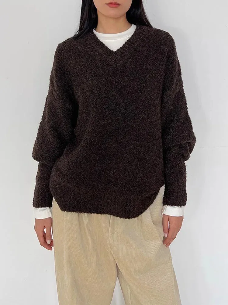 European Goods High-end Wool Blend Sweater Women Fall Winter Loose Soft  V-neck Bottom Sweater High-grade Knit Sweater C-310