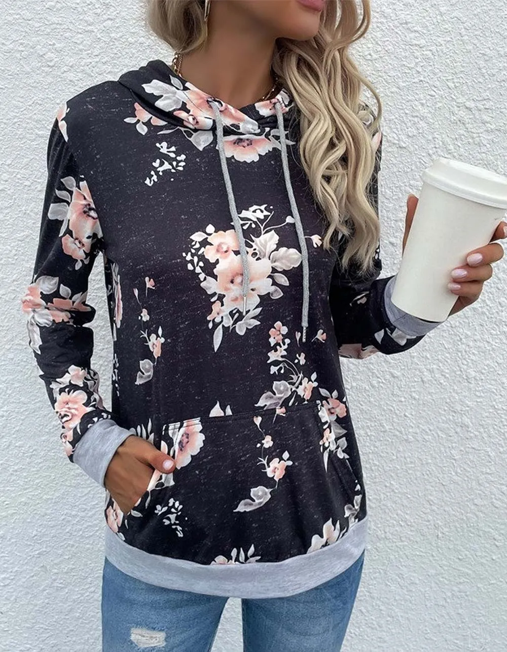 Floral Printed Pocket Hooded Long Sleeve Sweatshirt