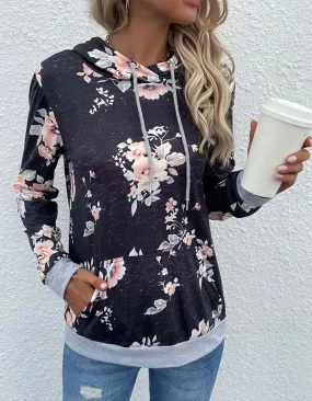 Floral Printed Pocket Hooded Long Sleeve Sweatshirt