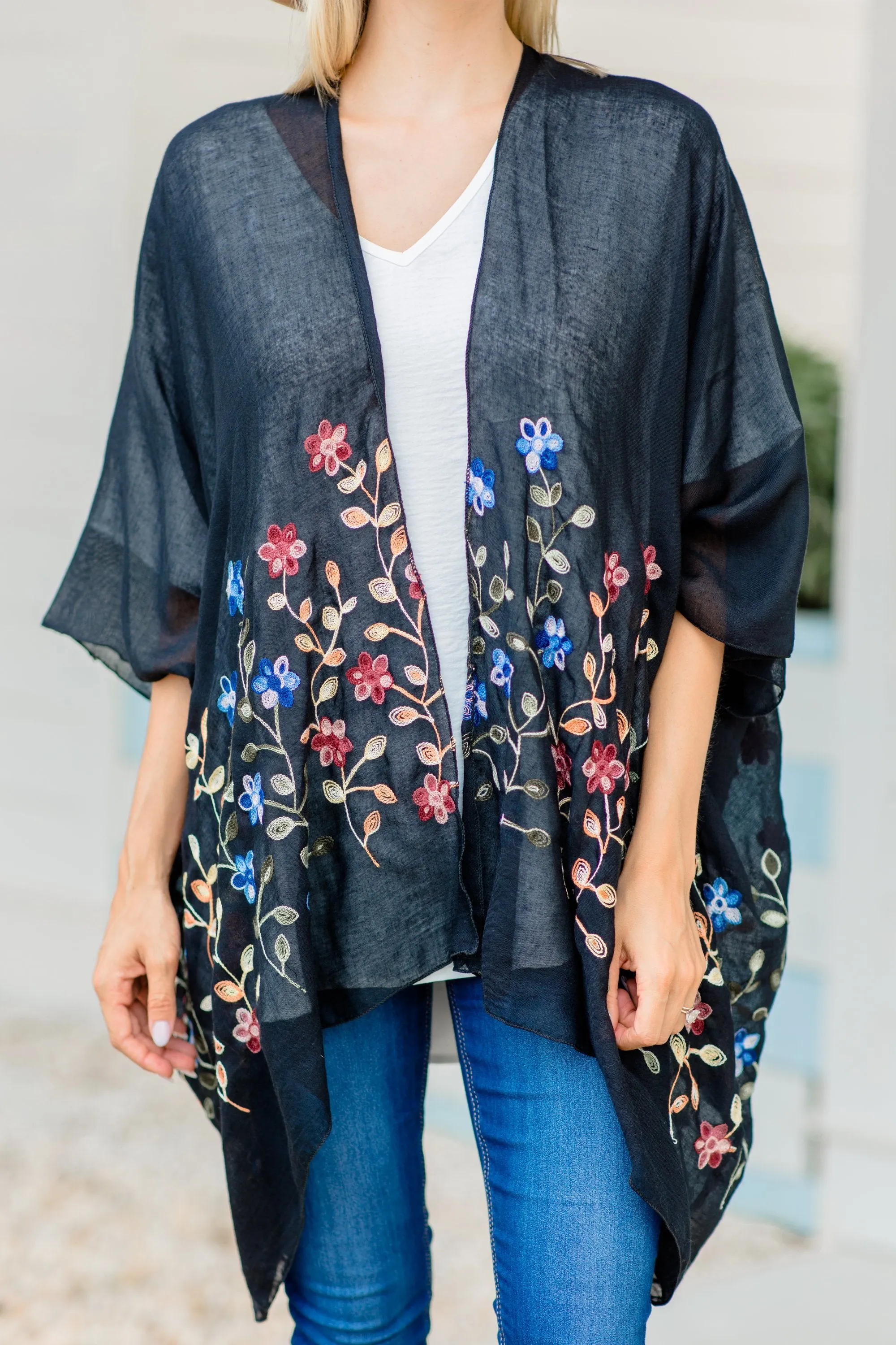 Get Inspired Black Floral Embroidered Kimono
