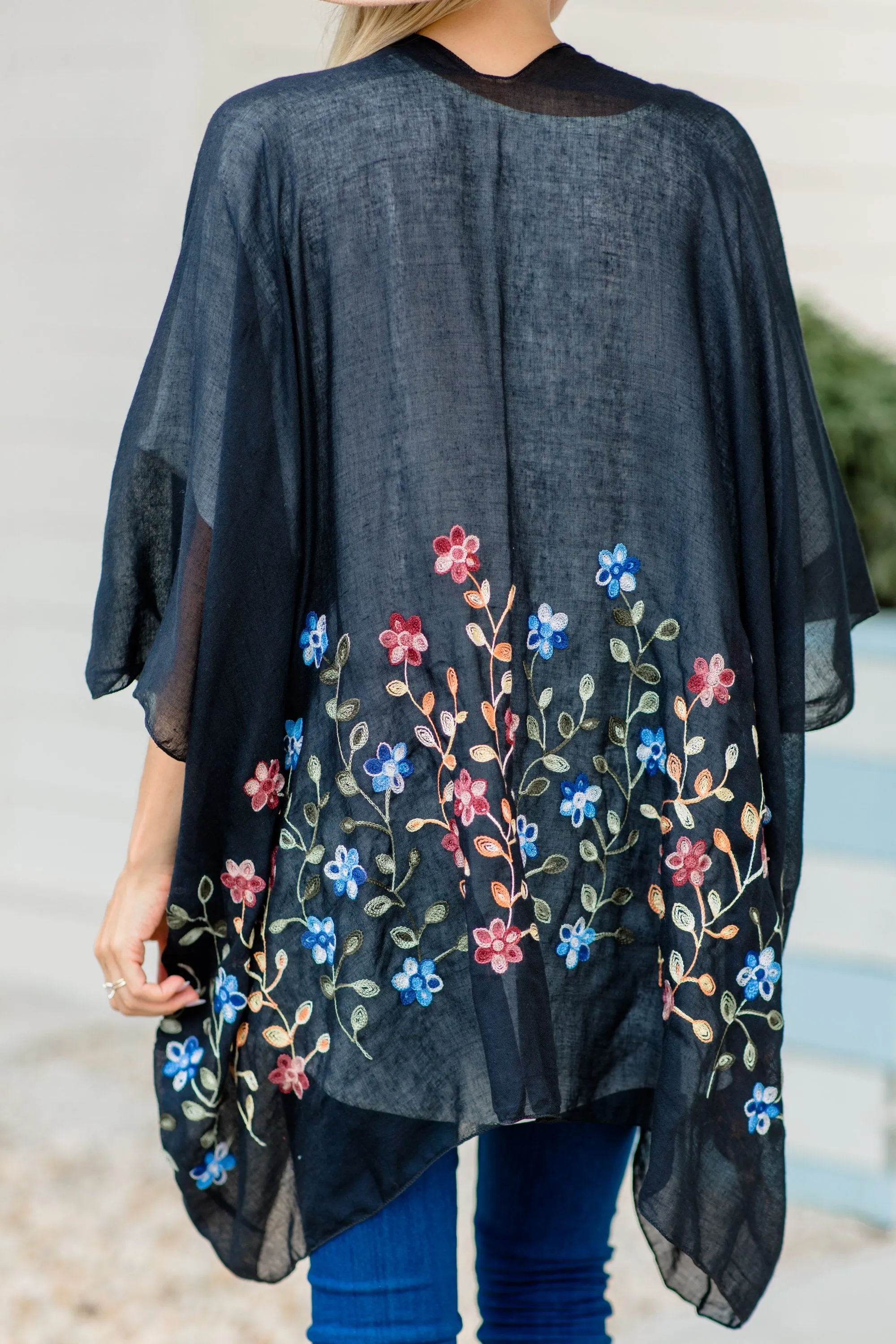 Get Inspired Black Floral Embroidered Kimono