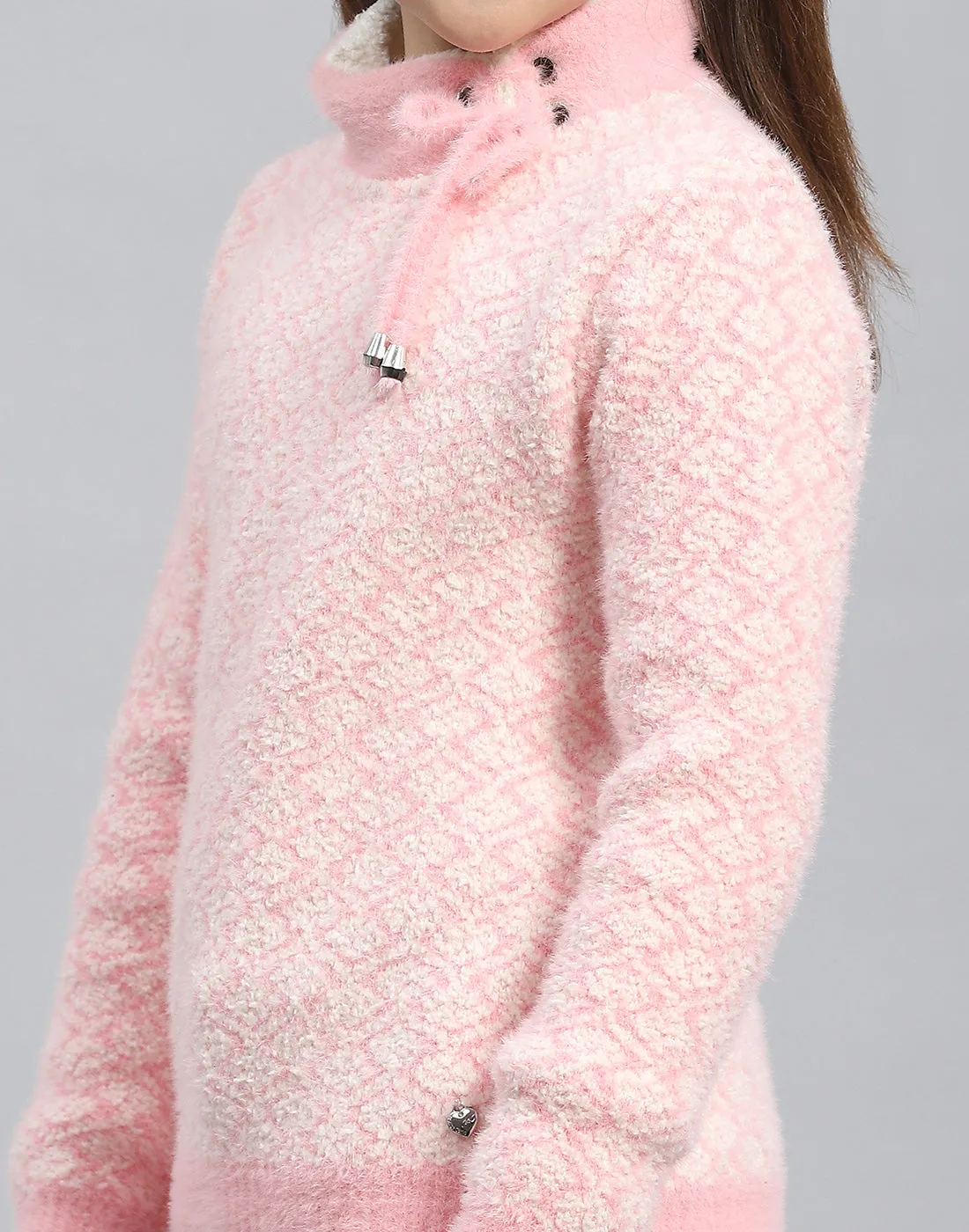 Girls Pink Self Design H Neck Full Sleeve Sweater