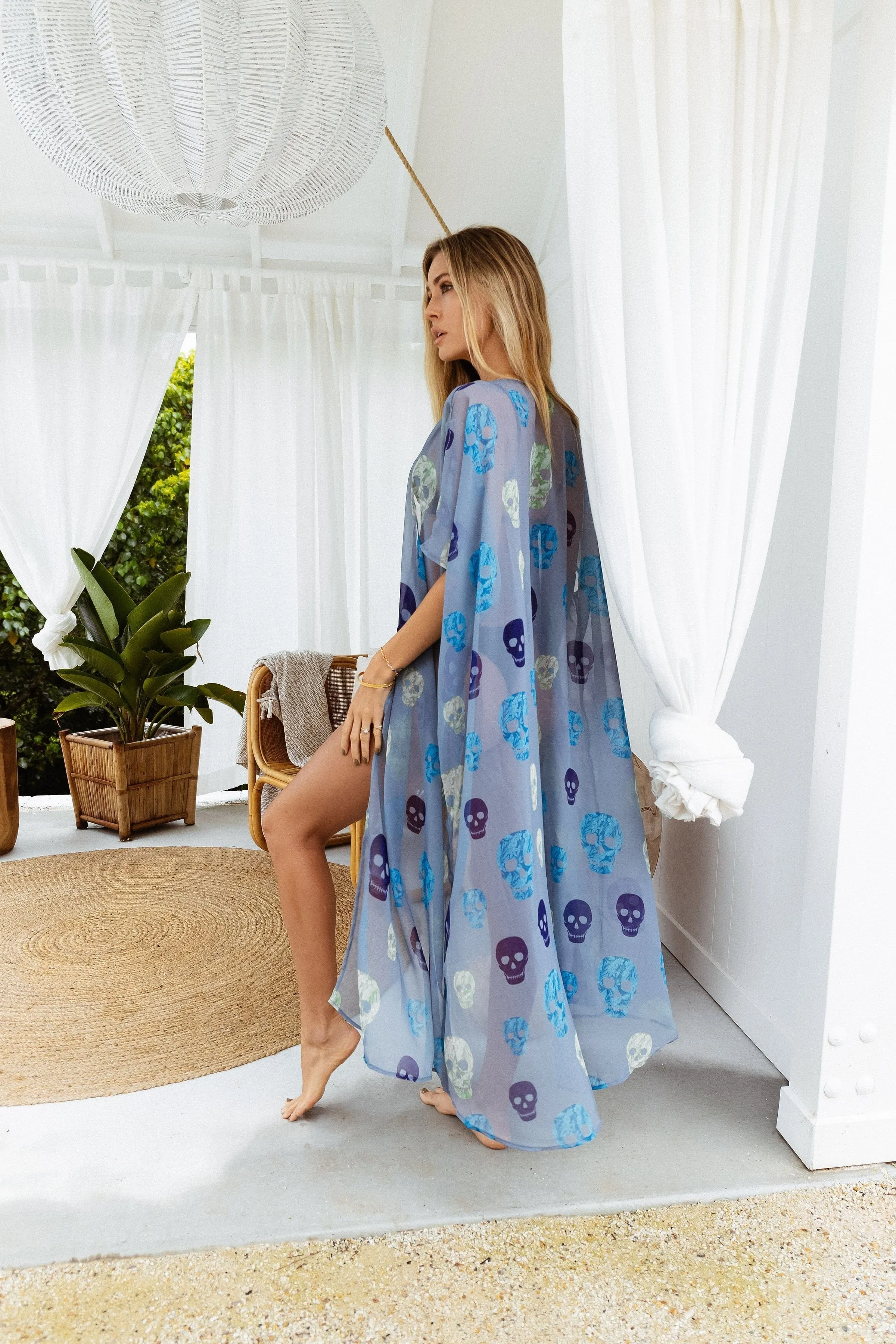 Grey Skull Print Kimono