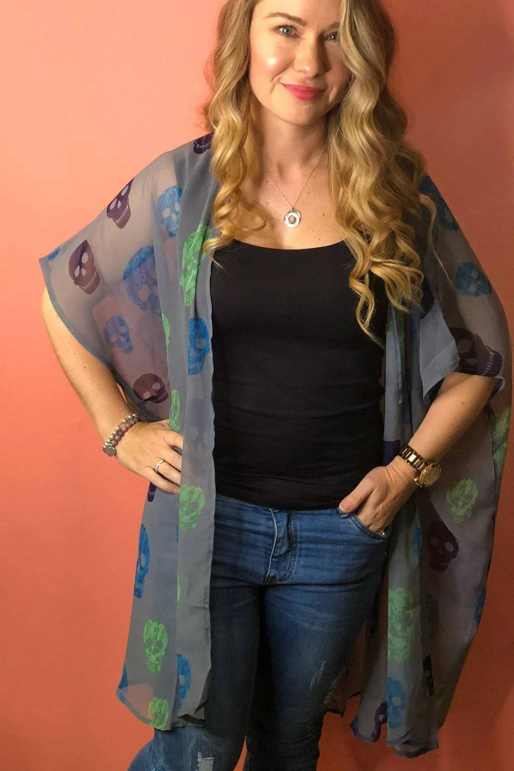 Grey Skull Print Kimono