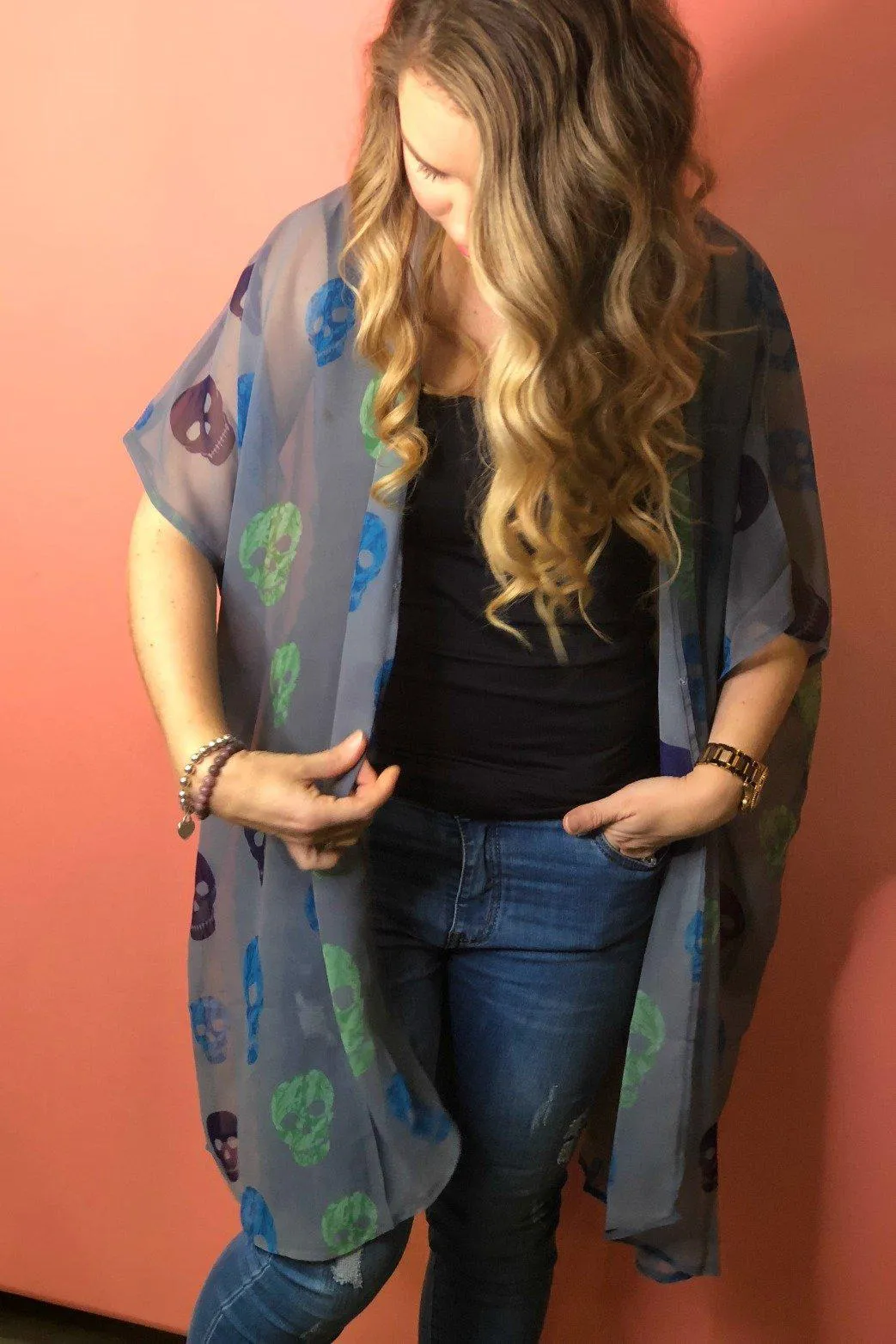 Grey Skull Print Kimono