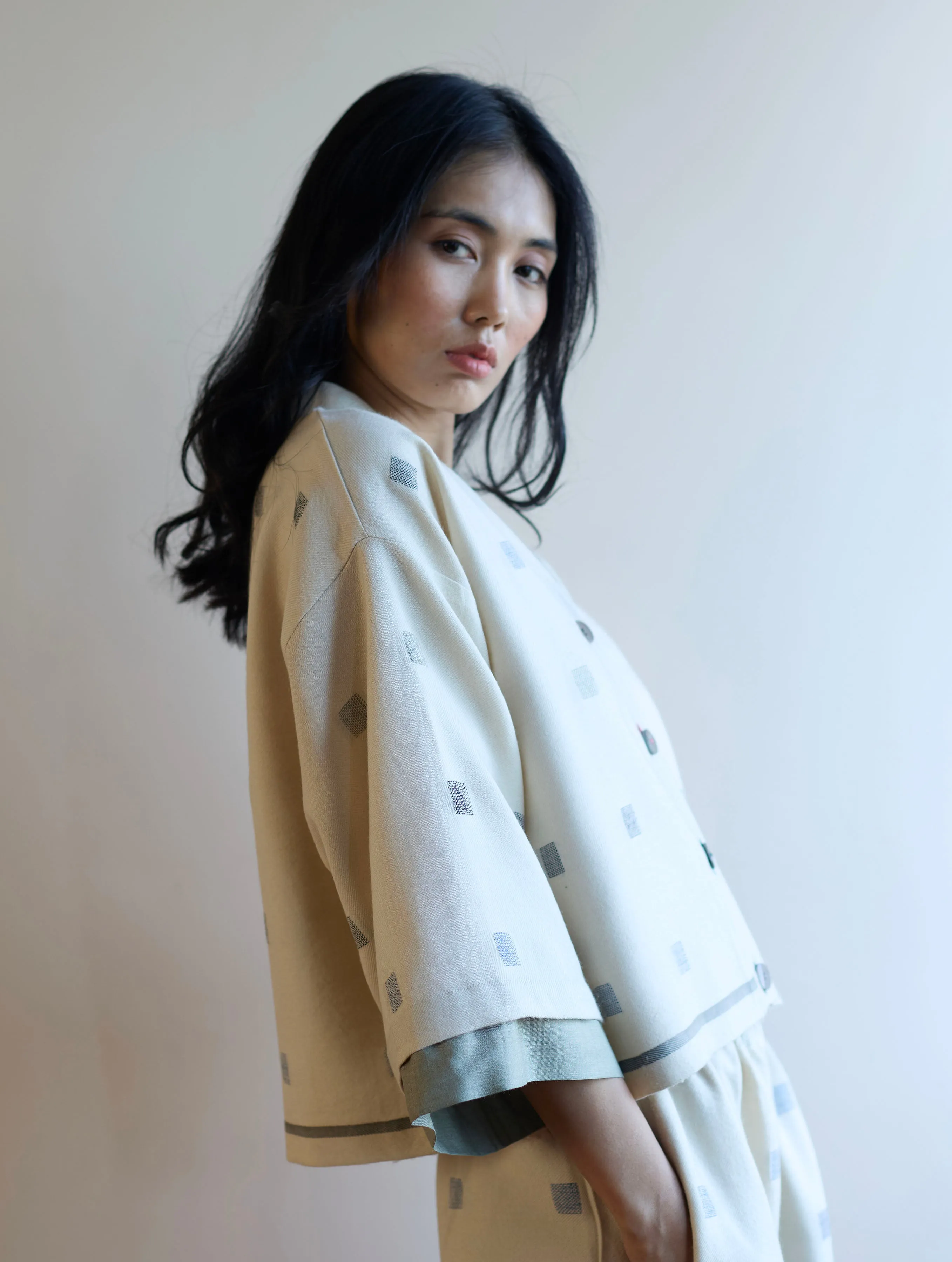 Haifa Jamdani Wool Jacket - Ivory