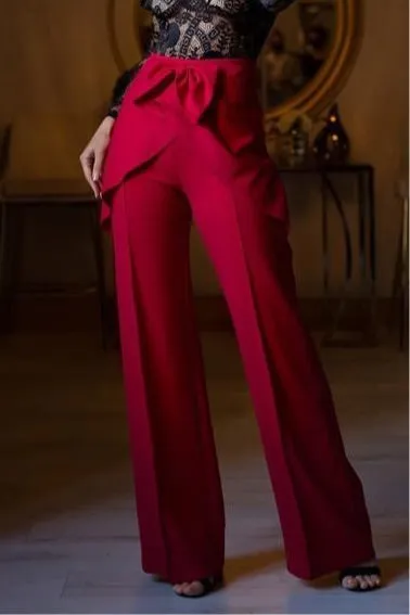 High Waist Ribbon Ruffle Detailed Pants