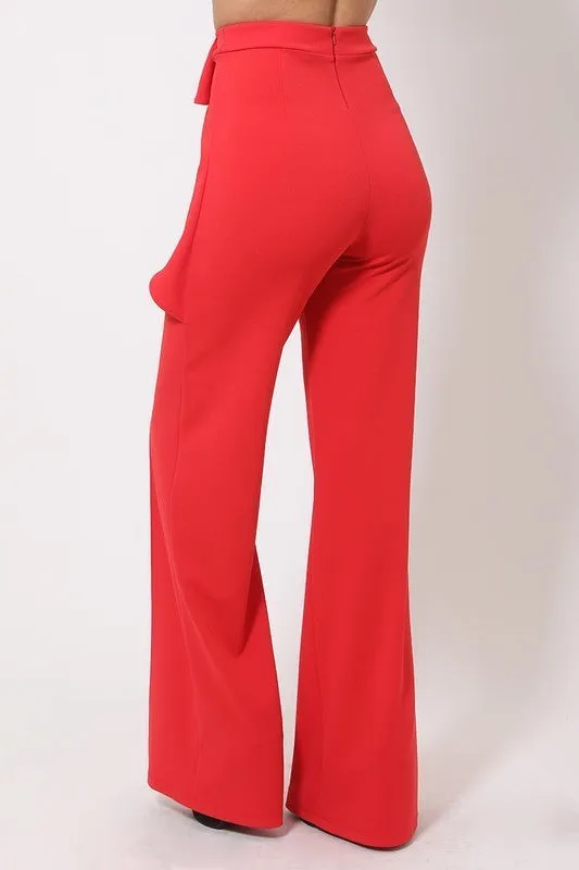 High Waist Ribbon Ruffle Detailed Pants