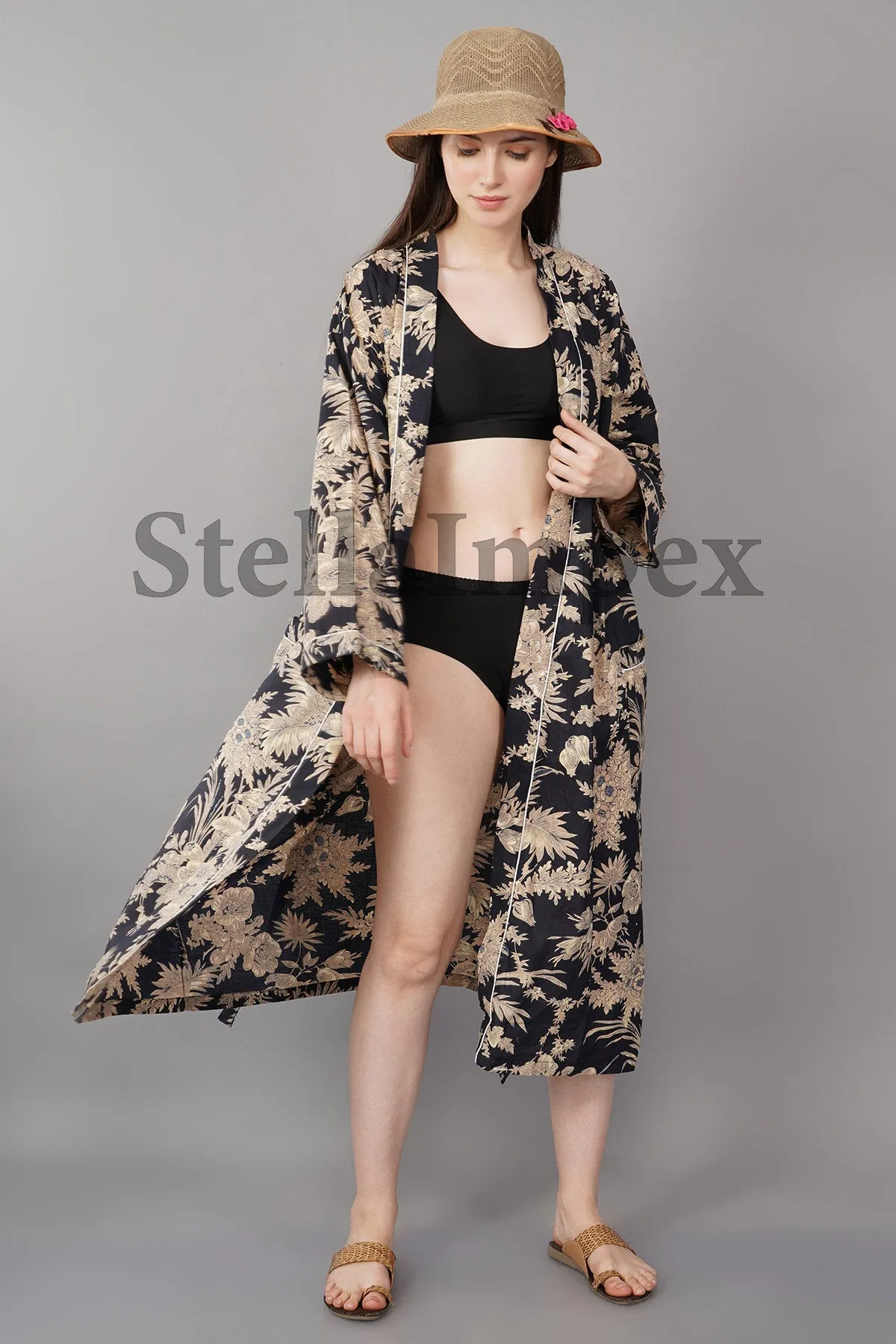 Indian Handmade Cotton Kimono Elegant Black & Gold Floral Bathrobe Resort Wear Beach Bikini Cover-ups Boho Kimono Bathrobe, Gift for Her