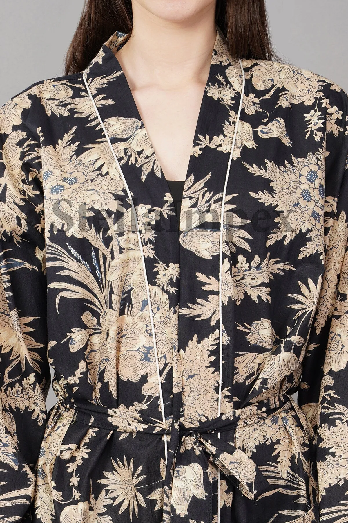 Indian Handmade Cotton Kimono Elegant Black & Gold Floral Bathrobe Resort Wear Beach Bikini Cover-ups Boho Kimono Bathrobe, Gift for Her